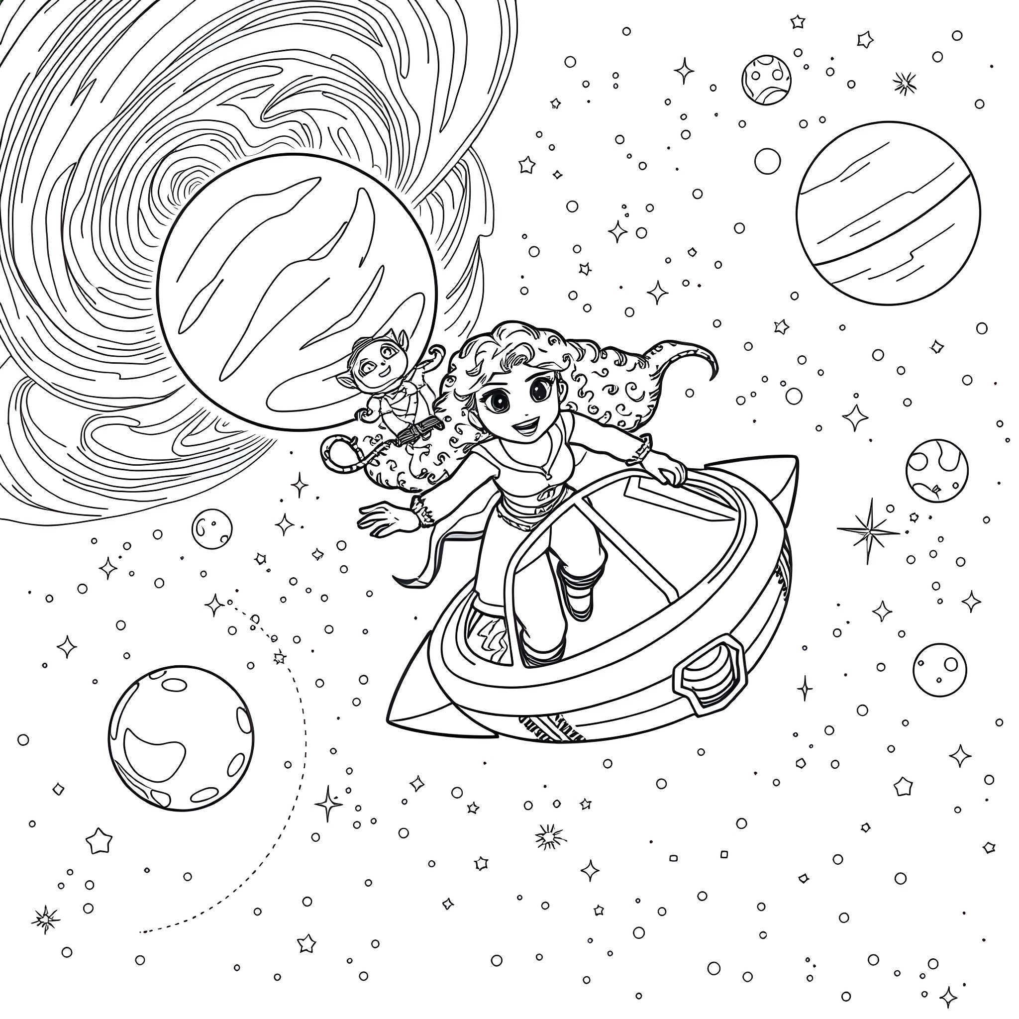 Merida exploring the cosmic universe in her spaceship Coloring Page (free black-and-white line drawing printable PDF for all, from beginners to advanced learners, including children, teens, adults, and seniors)