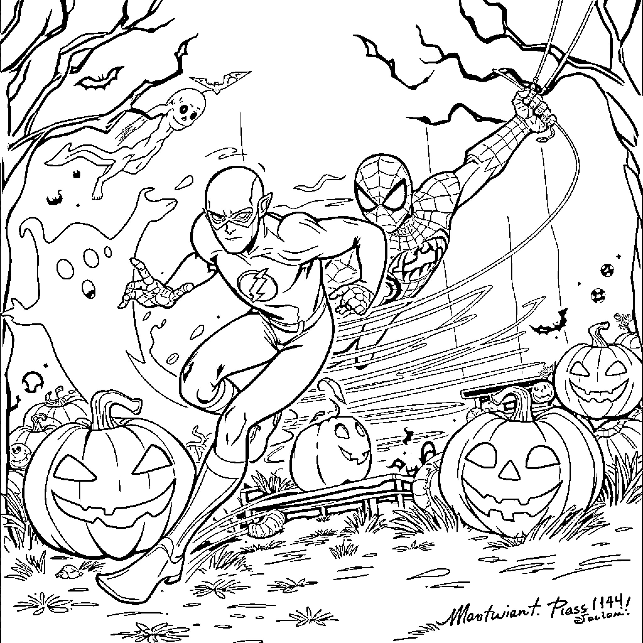 Halloween Superheroes Battling Spooky Creatures Coloring Page (free black-and-white line drawing printable PDF for all, from beginners to advanced learners, including children, teens, adults, and seniors)