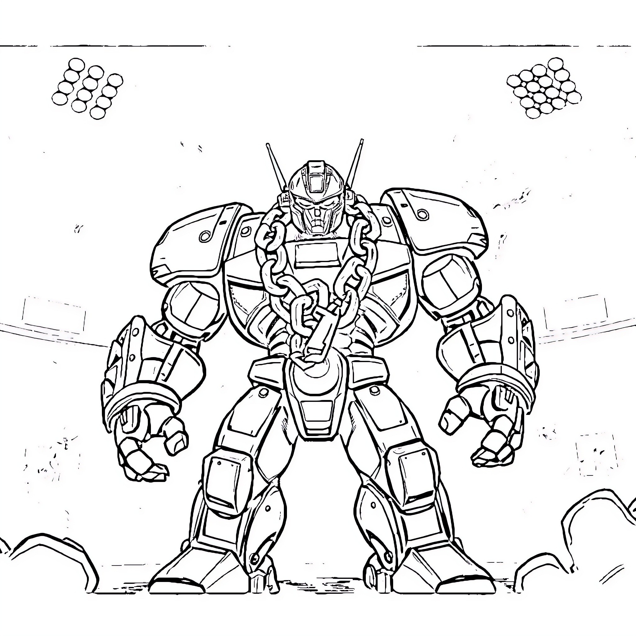 Robot warrior on the battlefield Coloring Page (free black-and-white line drawing printable PDF for all, from beginners to advanced learners, including children, teens, adults, and seniors)