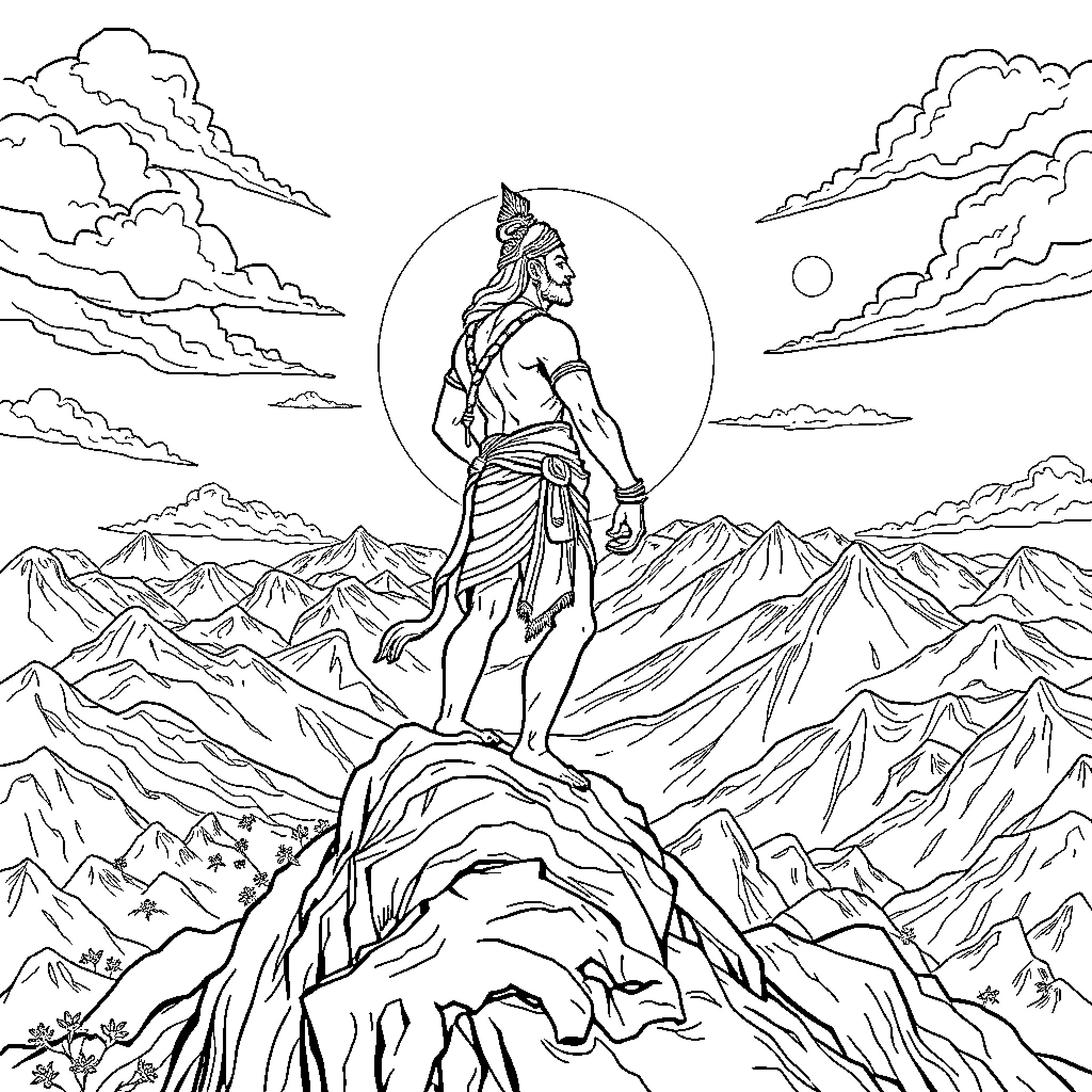 Hanuman standing atop a mountain range Coloring Page (free black-and-white line drawing printable PDF for all, from beginners to advanced learners, including children, teens, adults, and seniors)