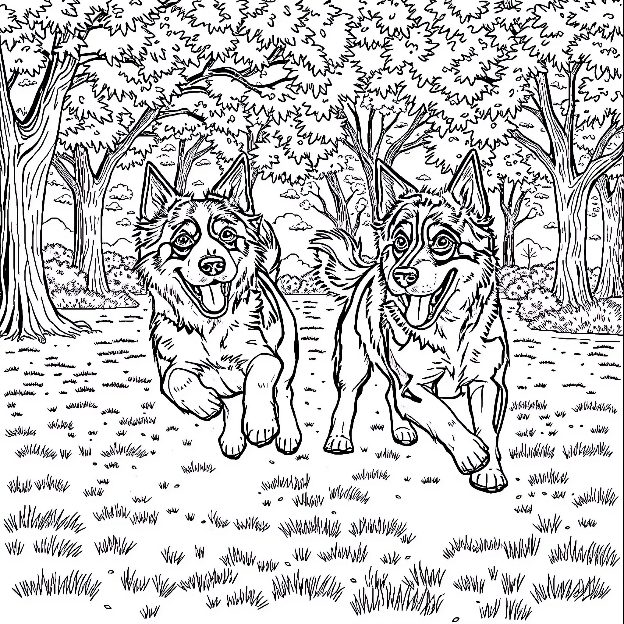 Perro amistoso juguetón en el bosque Coloring Page (free black-and-white line drawing printable PDF for all, from beginners to advanced learners, including children, teens, adults, and seniors)