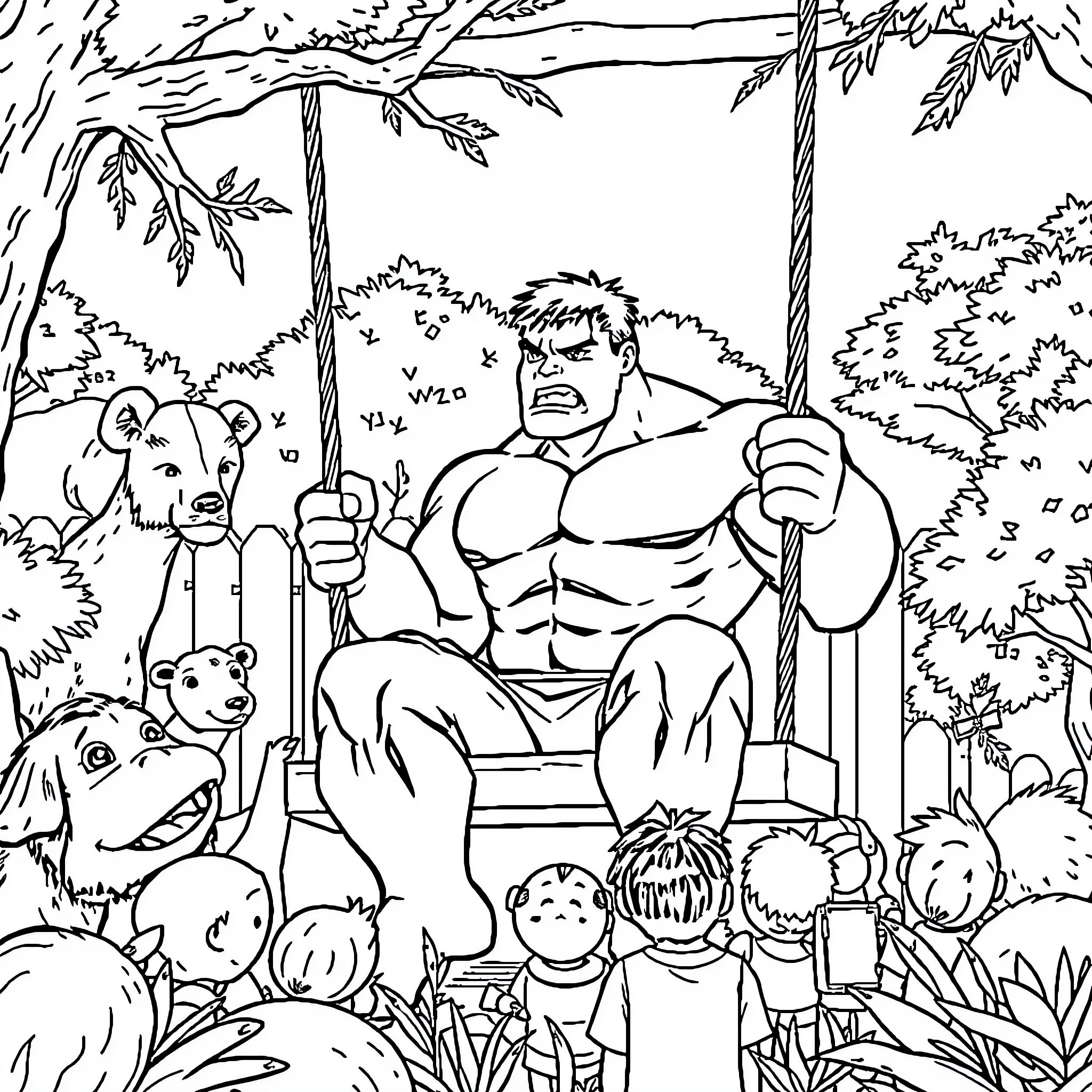 Hulk relaxing in a peaceful forest setting Coloring Page (free black-and-white line drawing printable PDF for all, from beginners to advanced learners, including children, teens, adults, and seniors)