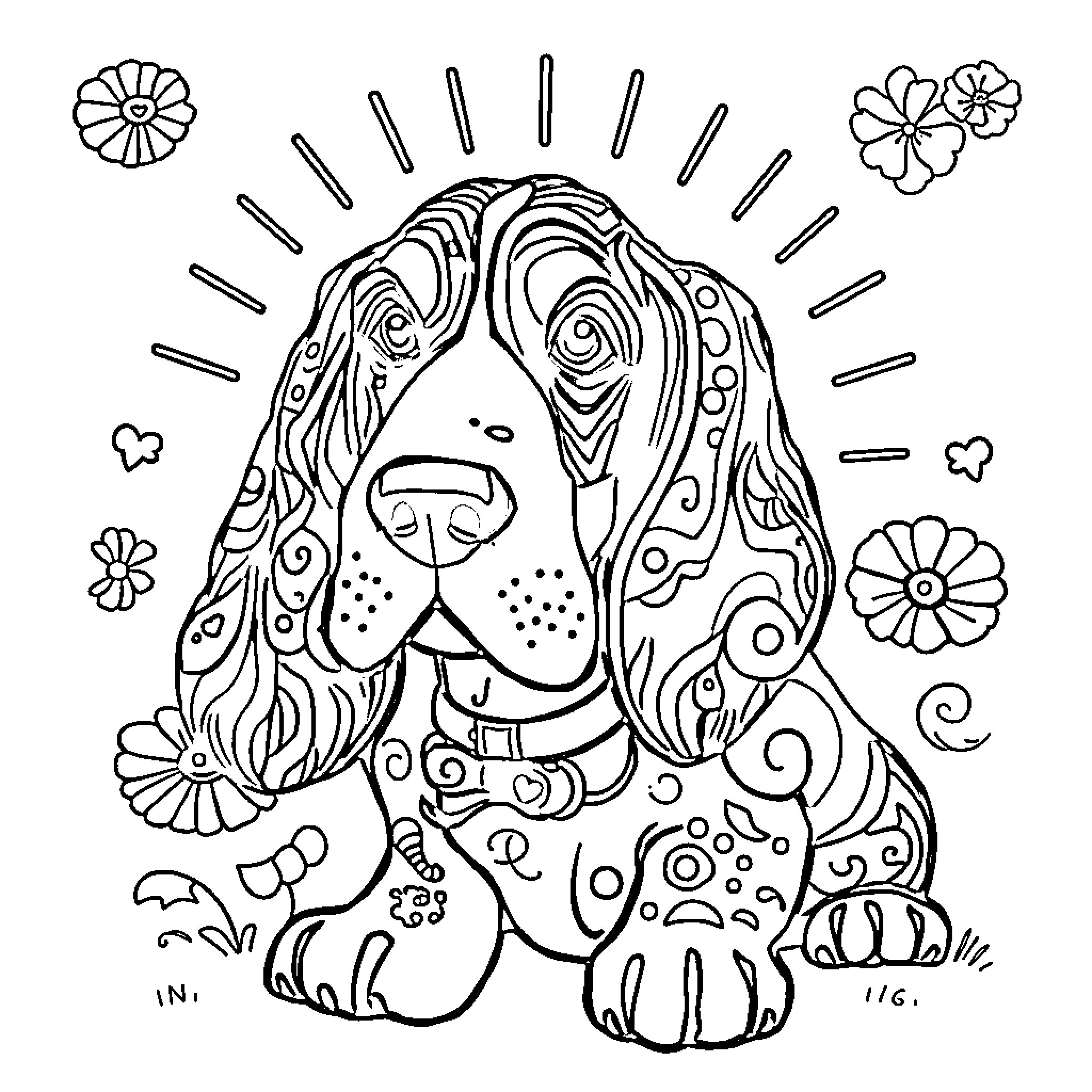 Basset Hound enjoying floral surroundings Coloring Page (free black-and-white line drawing printable PDF for all, from beginners to advanced learners, including children, teens, adults, and seniors)