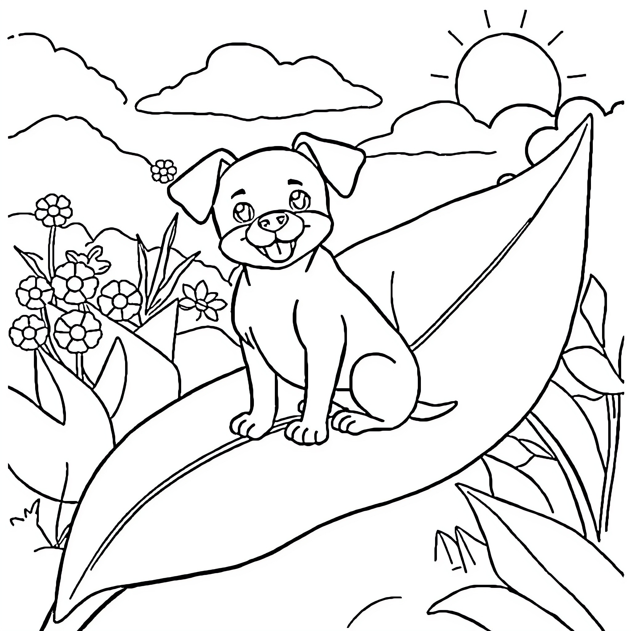 Dog enjoying the outdoors in nature Coloring Page (free black-and-white line drawing printable PDF for all, from beginners to advanced learners, including children, teens, adults, and seniors)