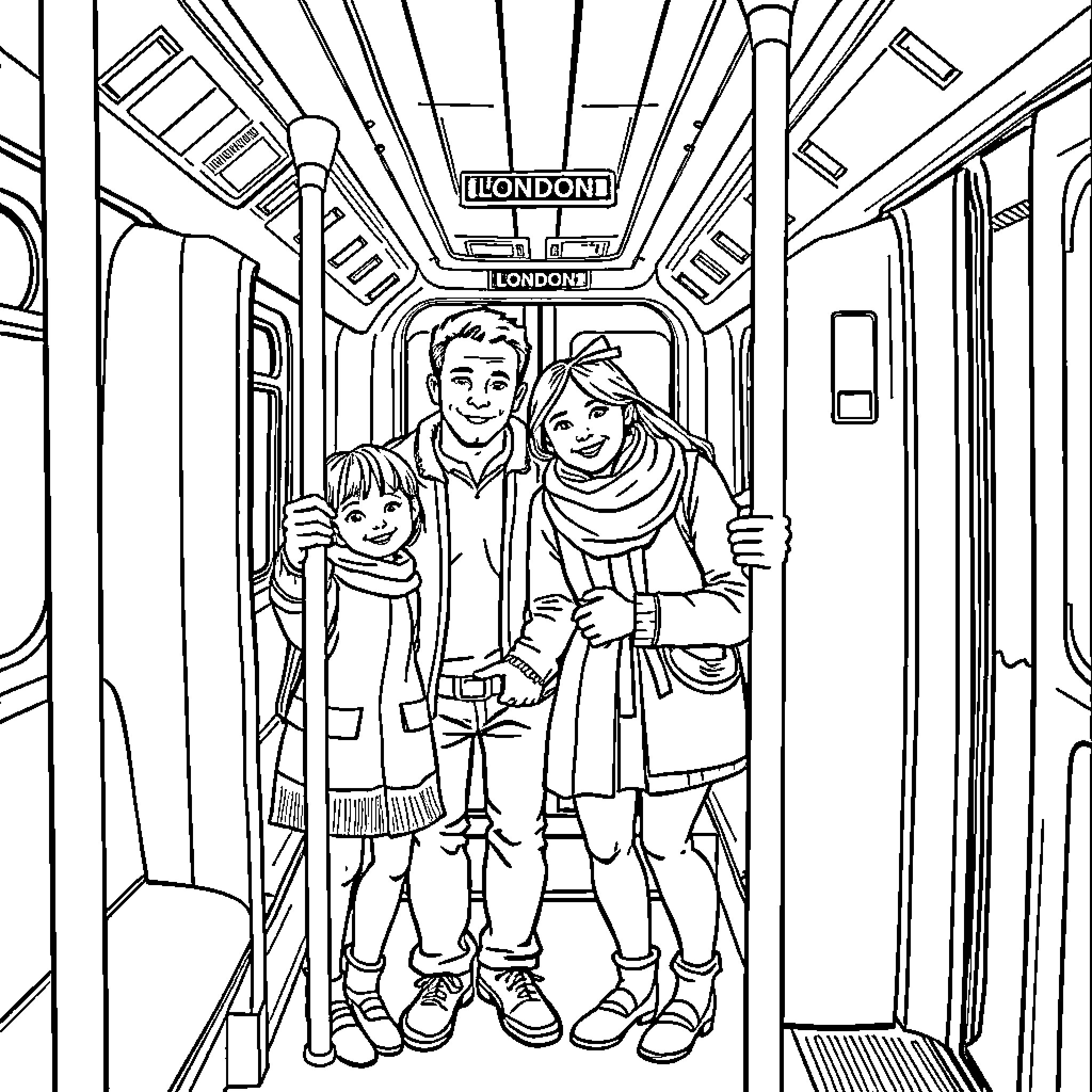 Family Traveling Together on the London Train Coloring Page (free black-and-white line drawing printable PDF for all, from beginners to advanced learners, including children, teens, adults, and seniors)