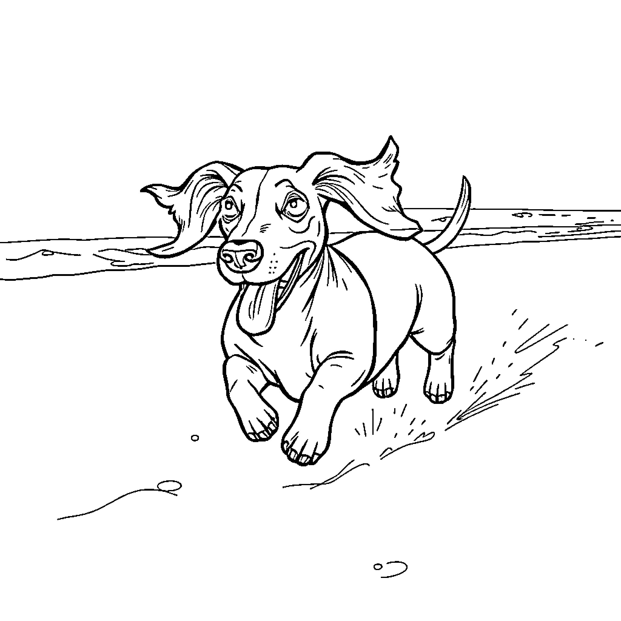 Dachshund playing enthusiastically on the beach Coloring Page (free black-and-white line drawing printable PDF for all, from beginners to advanced learners, including children, teens, adults, and seniors)
