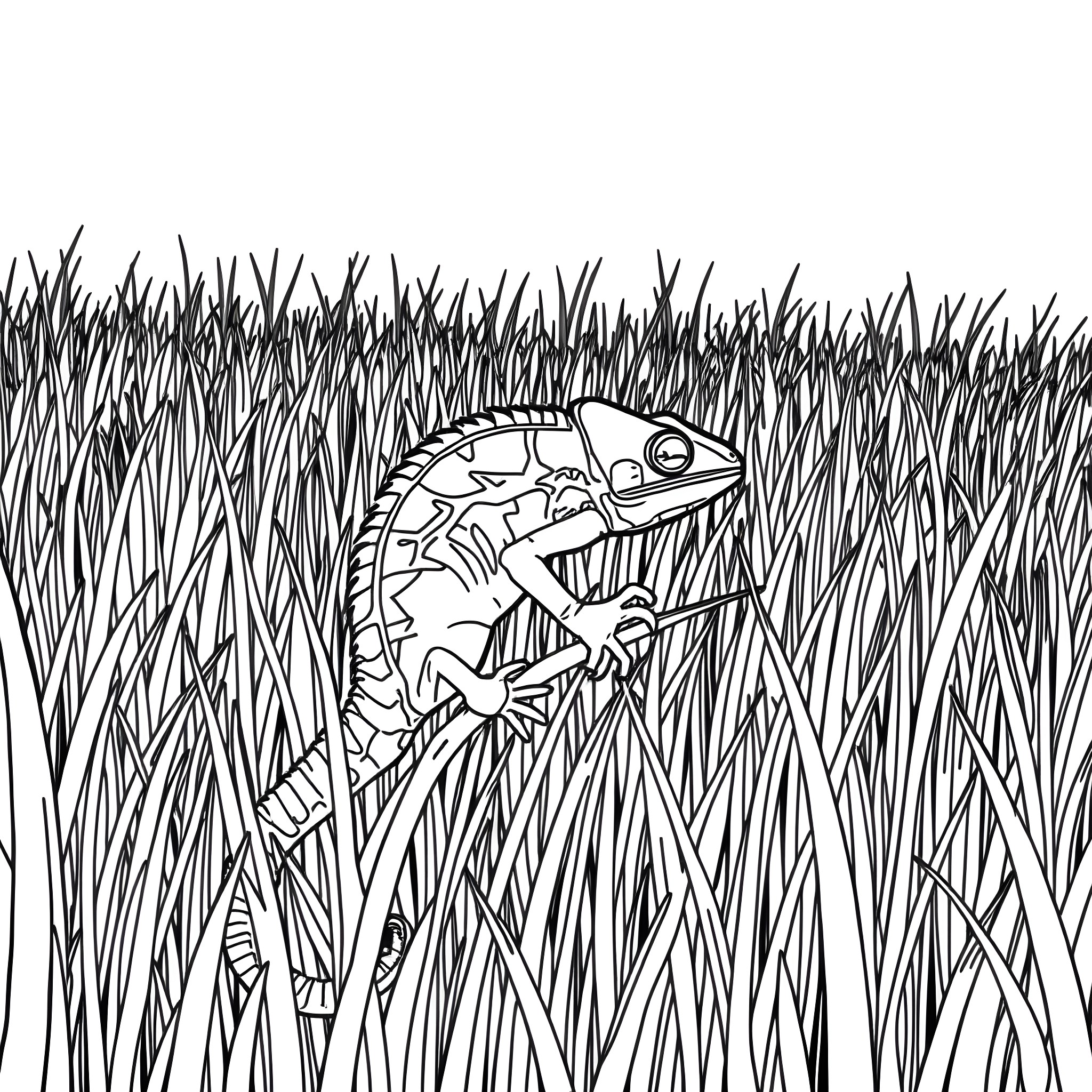 Chameleon camouflaged in tall grass Coloring Page (free black-and-white line drawing printable PDF for all, from beginners to advanced learners, including children, teens, adults, and seniors)