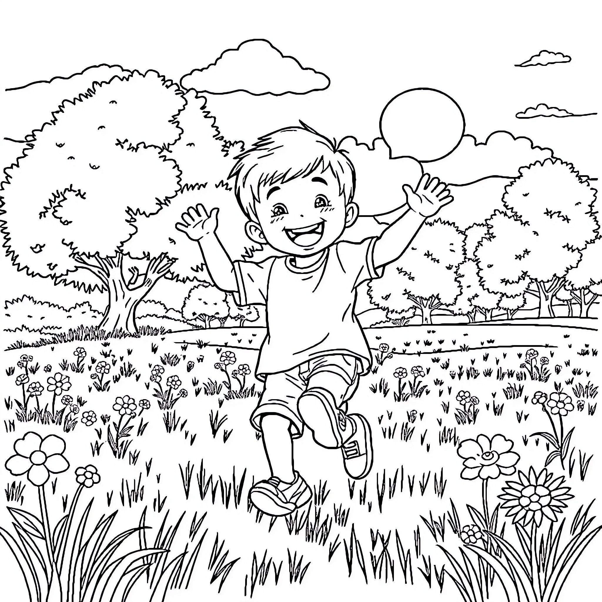 Kid playing joyfully in a scenic natural setting Coloring Page (free black-and-white line drawing printable PDF for all, from beginners to advanced learners, including children, teens, adults, and seniors)