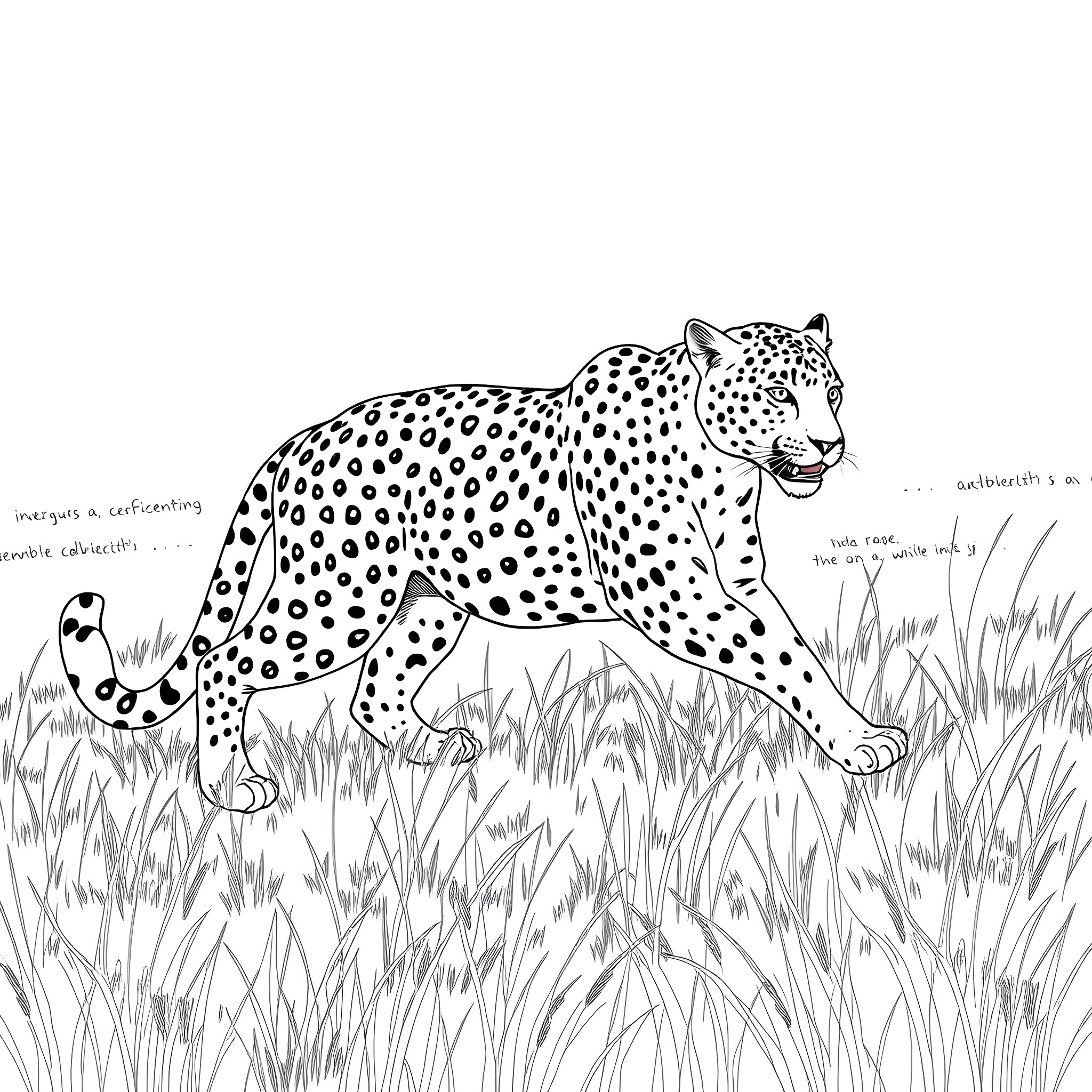 Leopard Prowling Through the Tall Grass Coloring Page (free black-and-white line drawing printable PDF for all, from beginners to advanced learners, including children, teens, adults, and seniors)