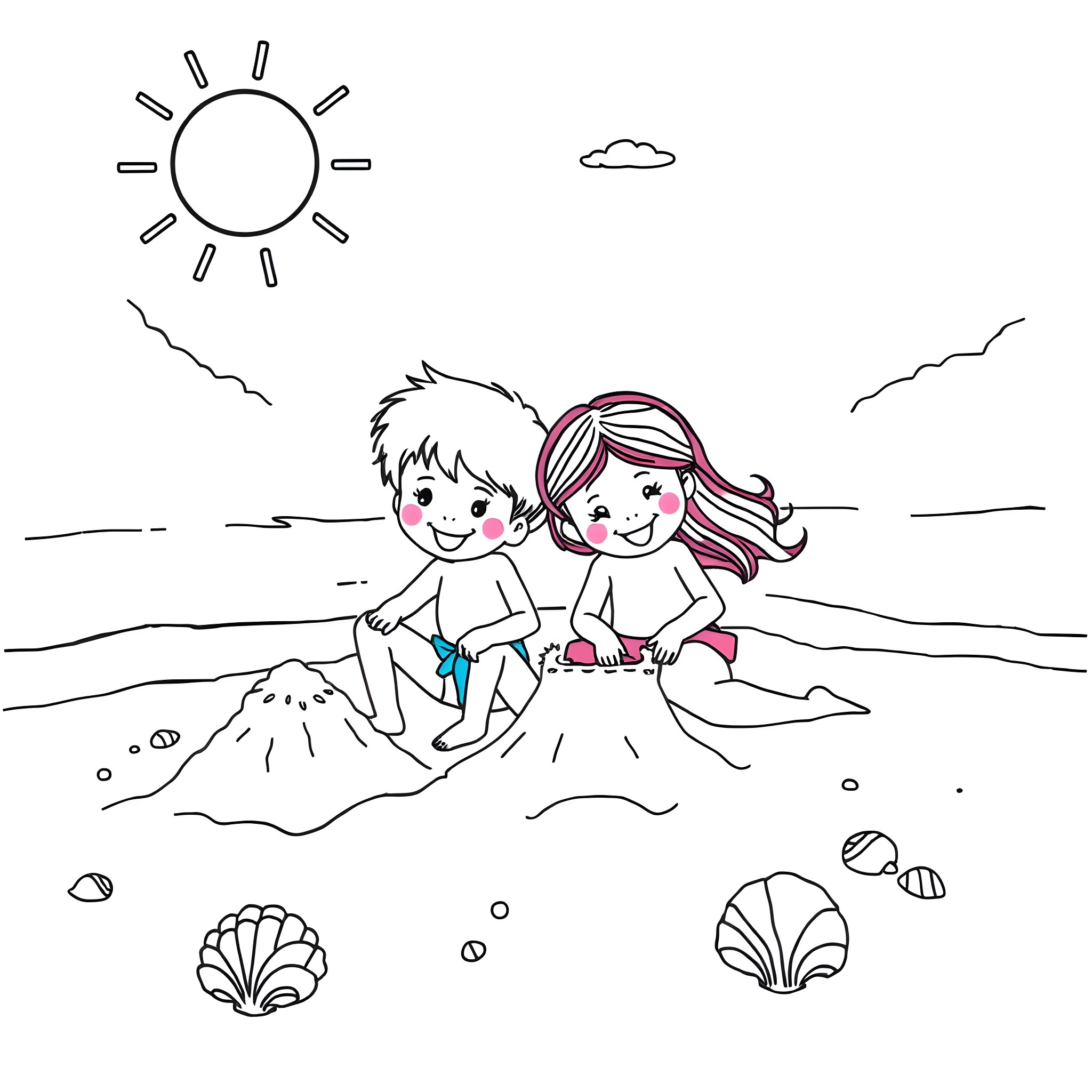 Blue friends playing on the beach Coloring Page (free black-and-white line drawing printable PDF for all, from beginners to advanced learners, including children, teens, adults, and seniors)