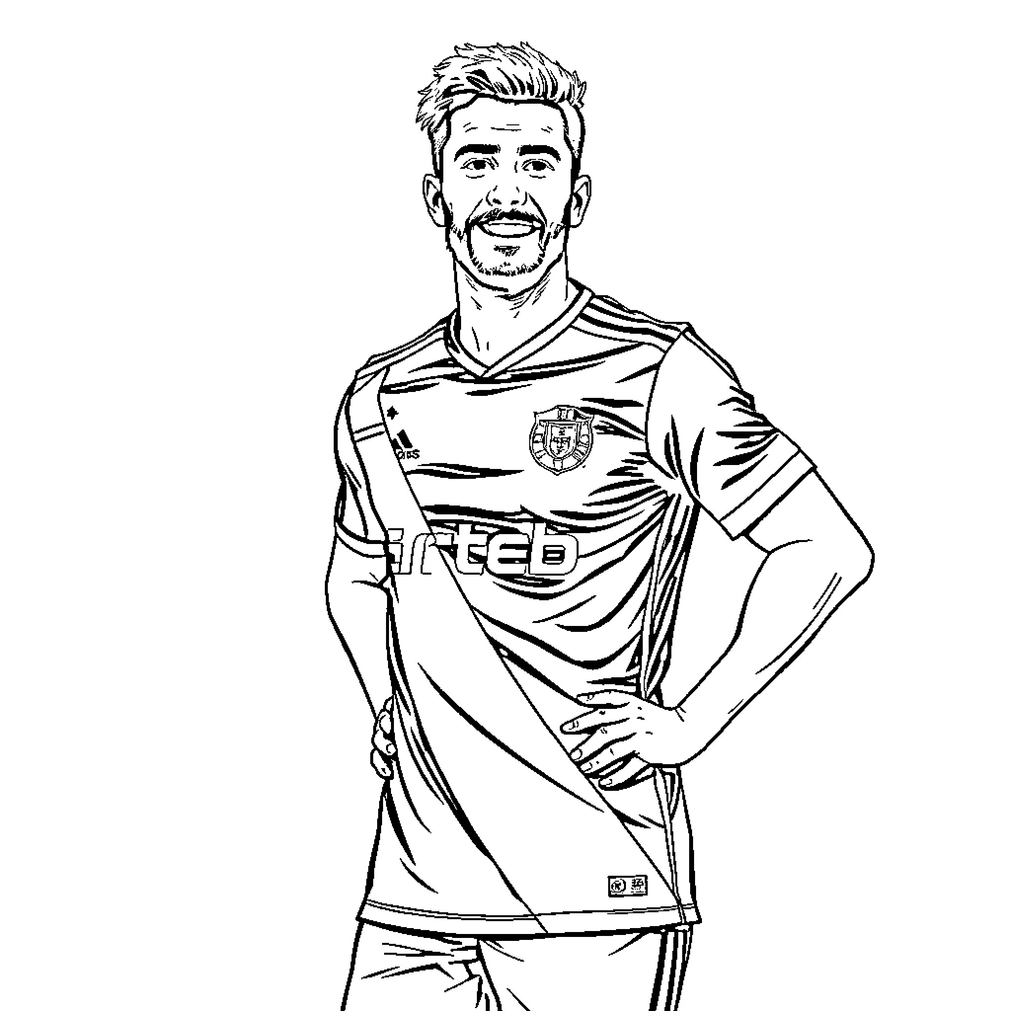 Lion footballer posing in uniform Coloring Page (free black-and-white line drawing printable PDF for all, from beginners to advanced learners, including children, teens, adults, and seniors)