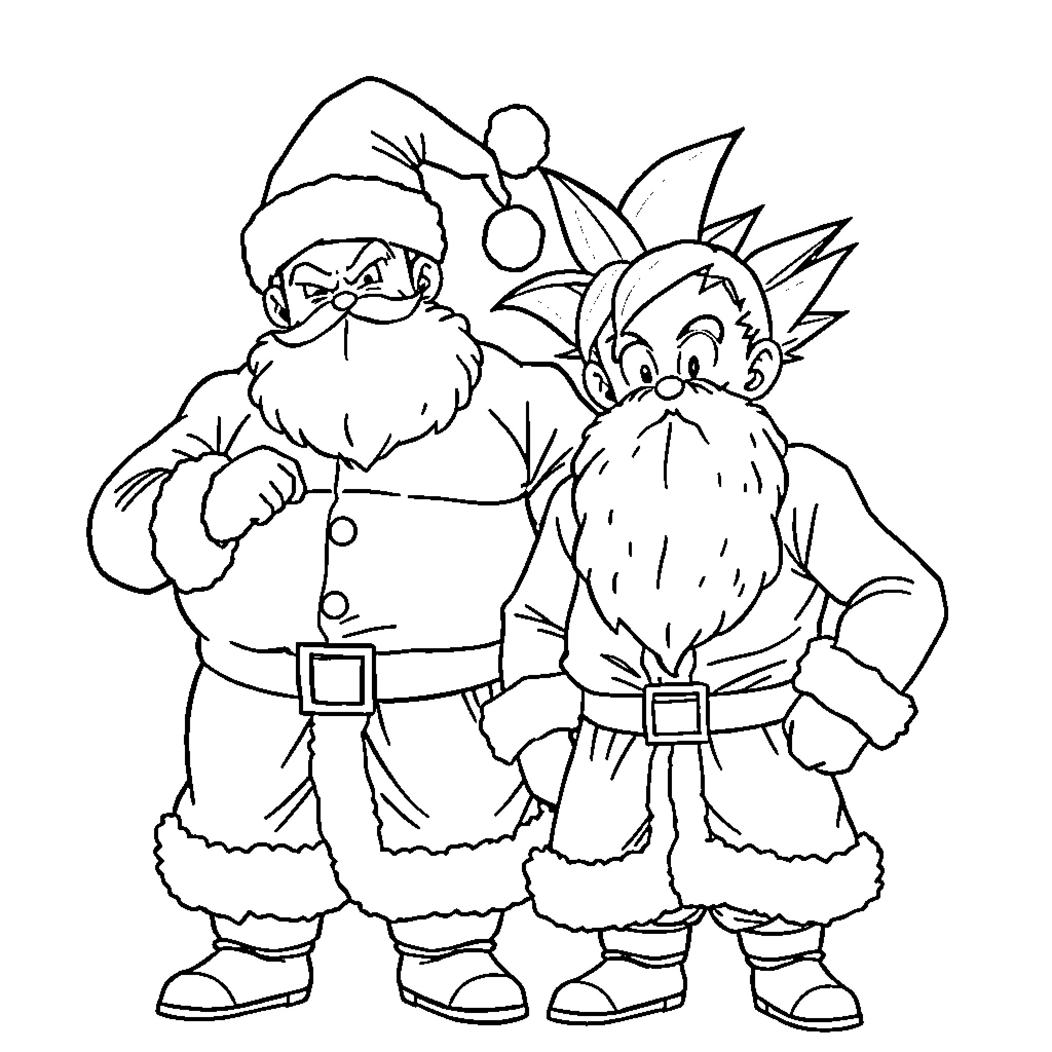 Majin Buu characters in festive outfits Coloring Page (free black-and-white line drawing printable PDF for all, from beginners to advanced learners, including children, teens, adults, and seniors)