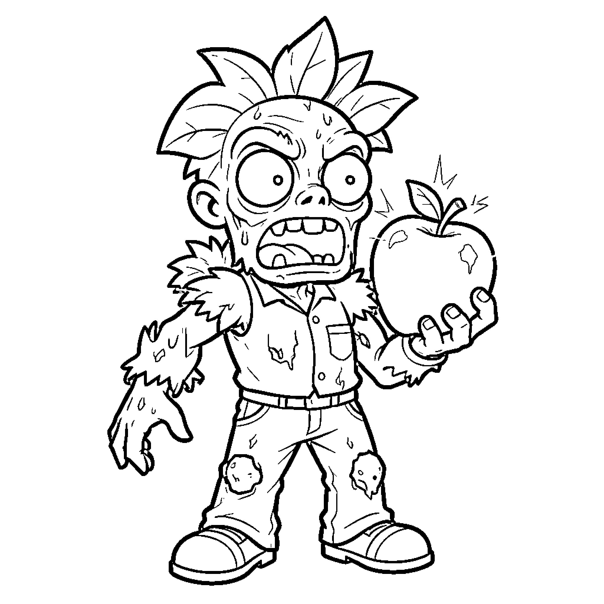 Zombie Boy Holding Rotten Apple Coloring Page (free black-and-white line drawing printable PDF for all, from beginners to advanced learners, including children, teens, adults, and seniors)