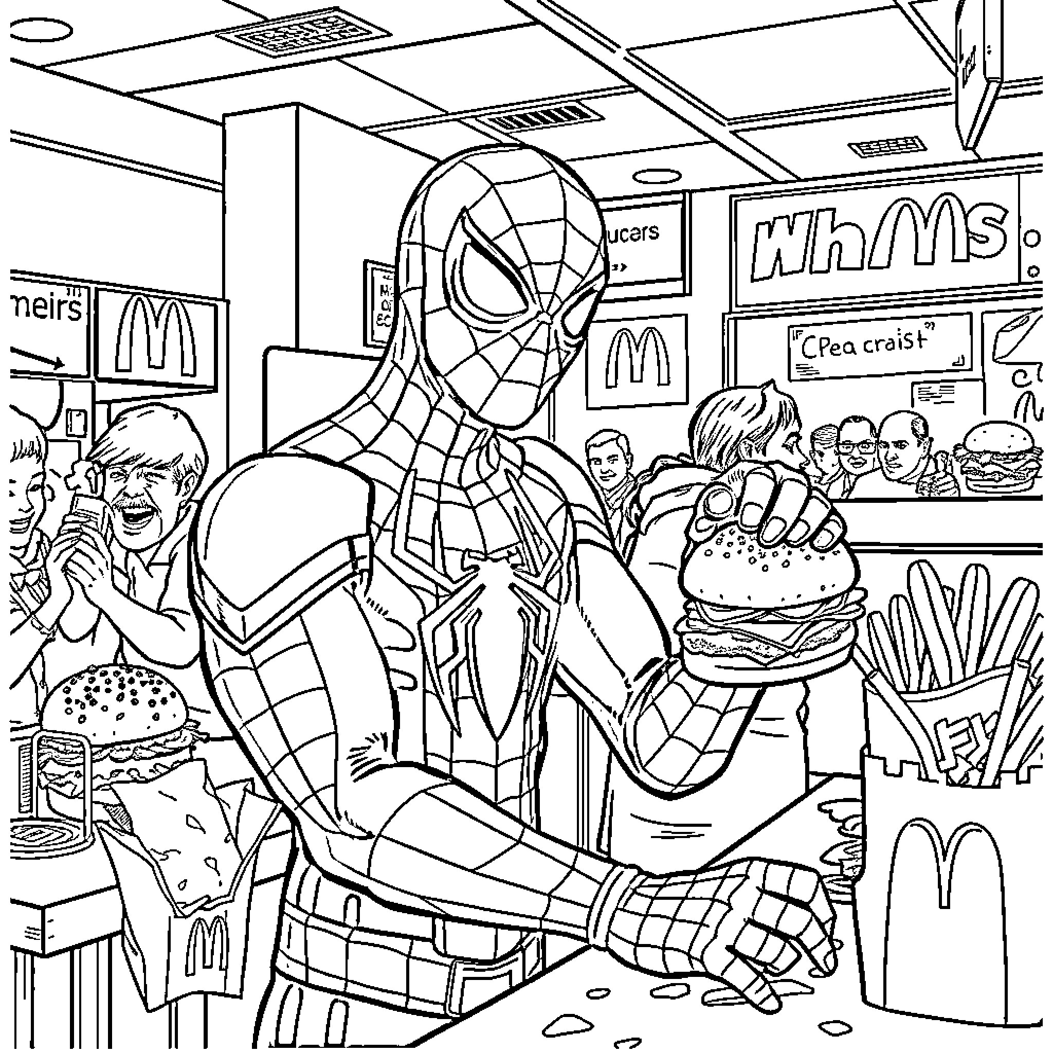 Spider-Man Enjoying Fast Food in Busy Restaurant Coloring Page (free black-and-white line drawing printable PDF for all, from beginners to advanced learners, including children, teens, adults, and seniors)