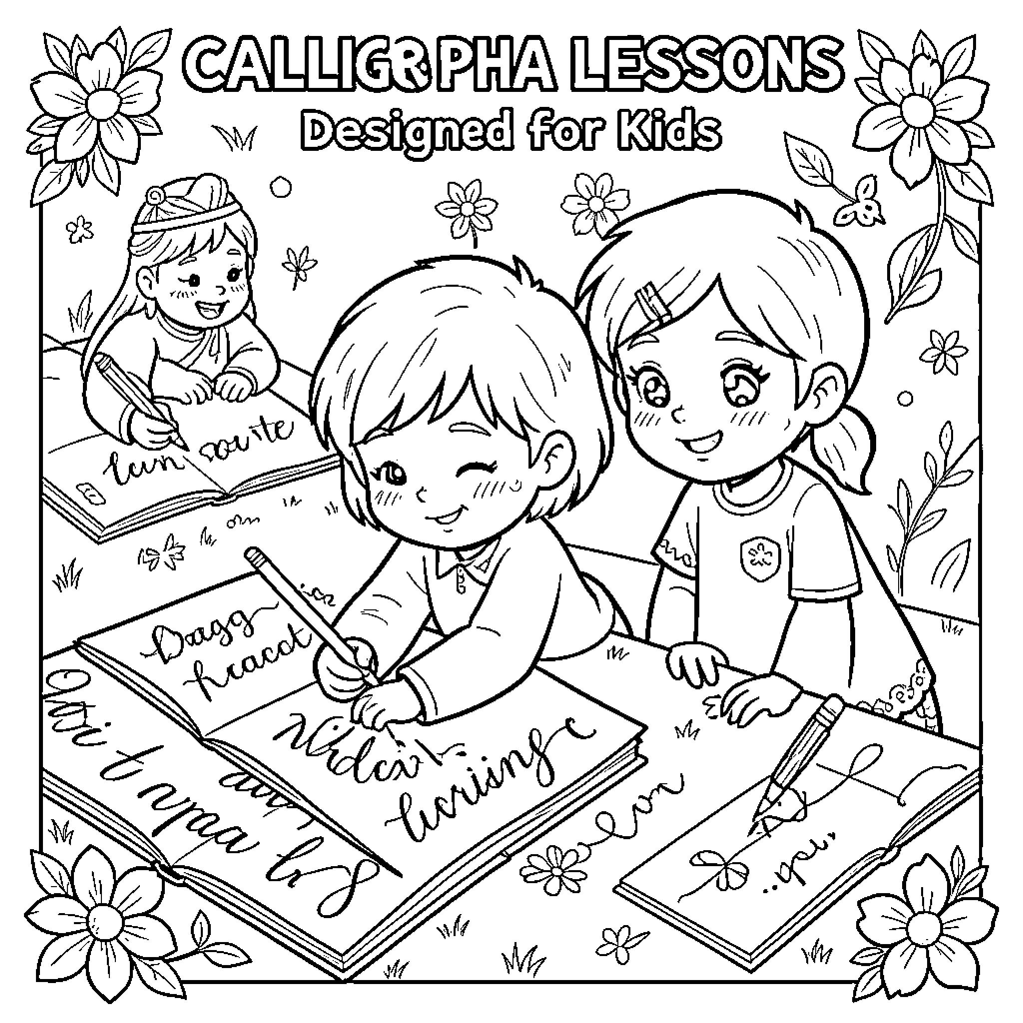 Calligraphy lessons with happy children practicing writing Coloring Page (free black-and-white line drawing printable PDF for all, from beginners to advanced learners, including children, teens, adults, and seniors)