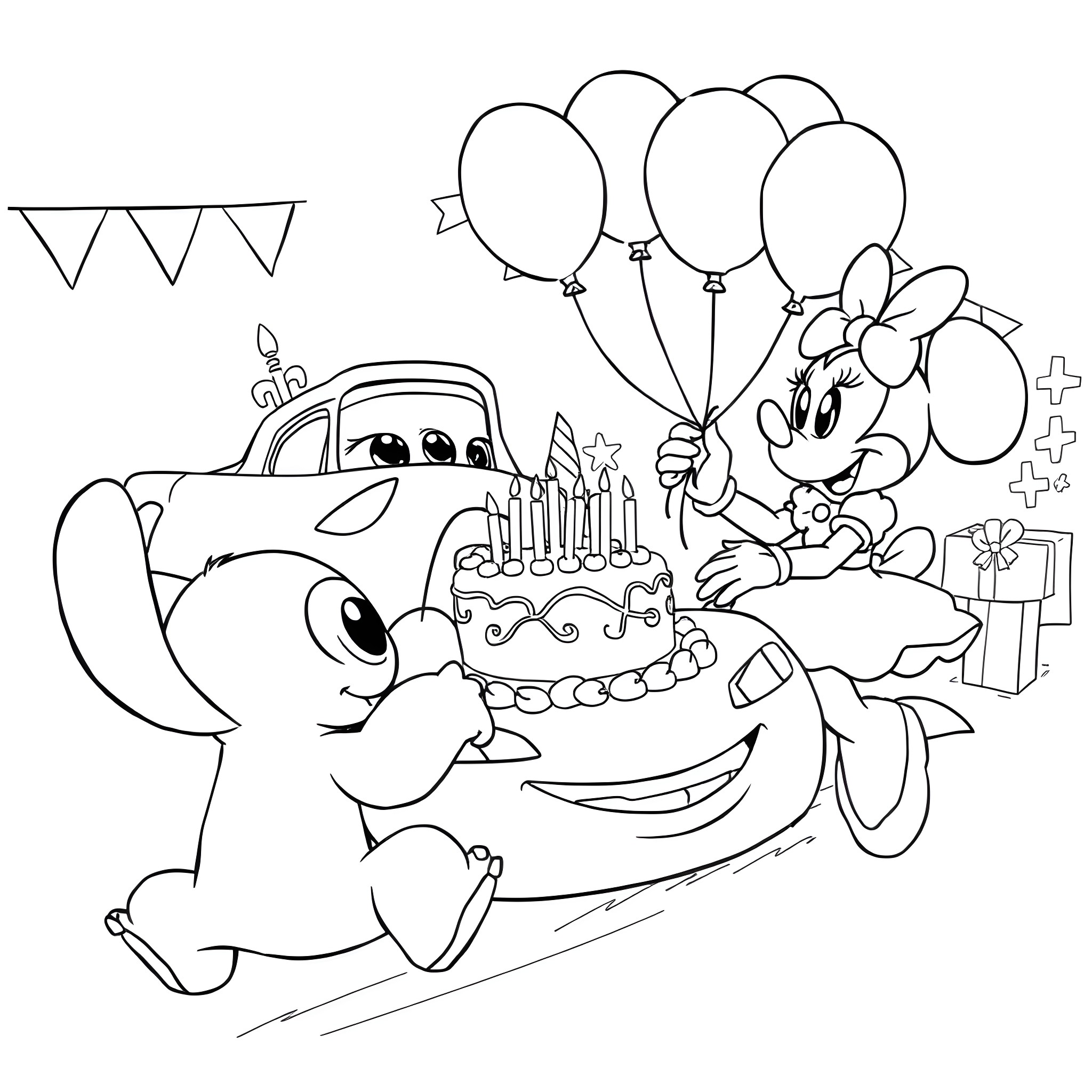 Character celebrating birthday with friends and gifts Coloring Page (free black-and-white line drawing printable PDF for all, from beginners to advanced learners, including children, teens, adults, and seniors)
