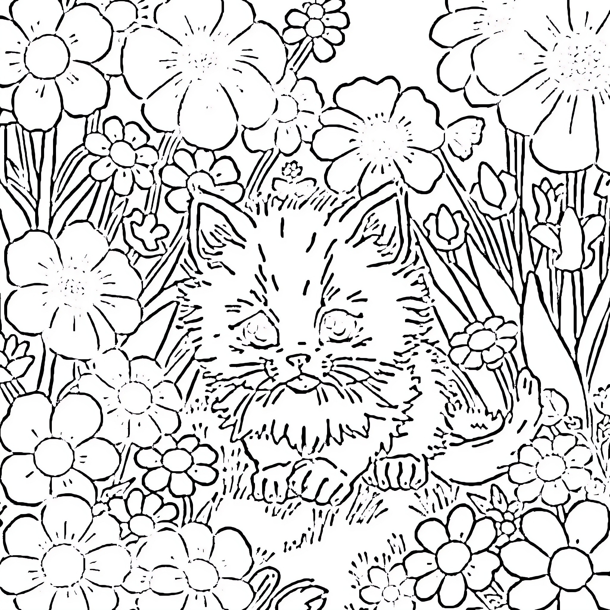 Kitty Peeking Through Floral Garden Coloring Page (free black-and-white line drawing printable PDF for all, from beginners to advanced learners, including children, teens, adults, and seniors)