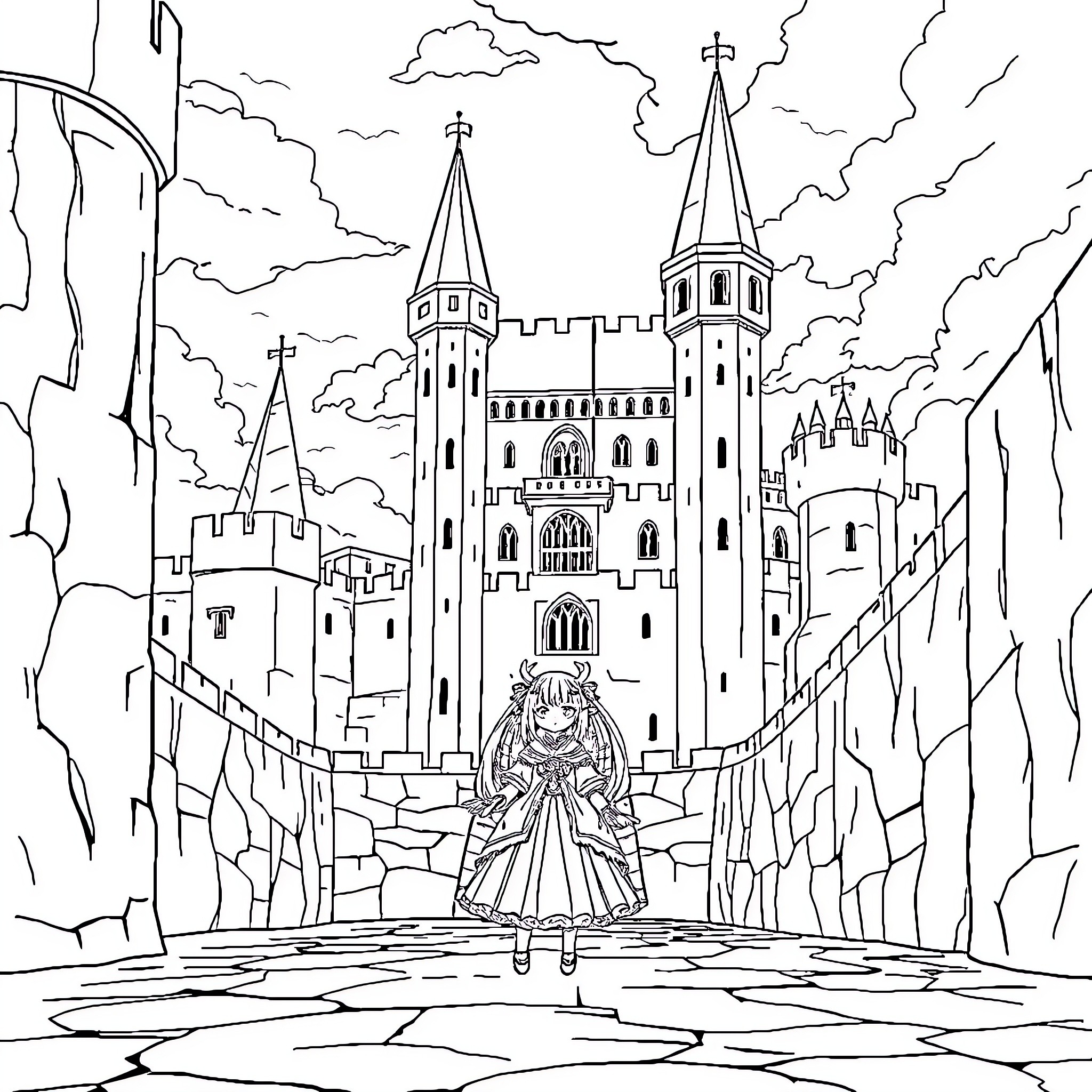 Kuromi in a Whimsical Castle Landscape Coloring Page (free black-and-white line drawing printable PDF for all, from beginners to advanced learners, including children, teens, adults, and seniors)