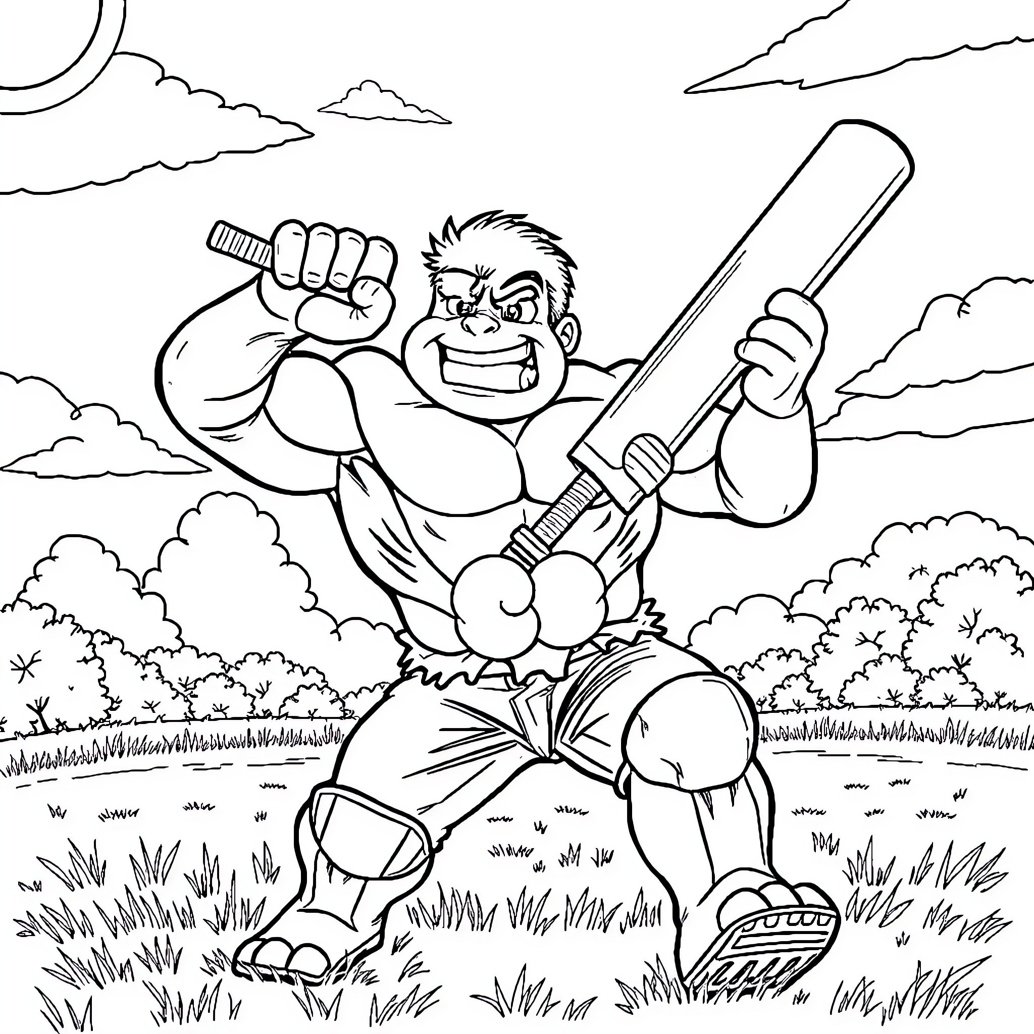 Hulk Smashing Through the Wilderness Coloring Page (free black-and-white line drawing printable PDF for all, from beginners to advanced learners, including children, teens, adults, and seniors)
