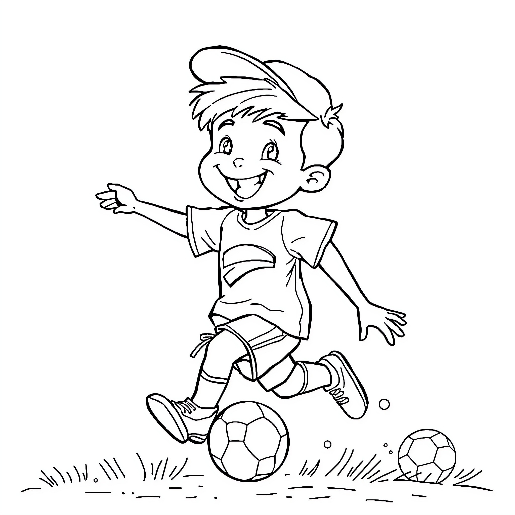 Boy happily playing with soccer balls Coloring Page (free black-and-white line drawing printable PDF for all, from beginners to advanced learners, including children, teens, adults, and seniors)