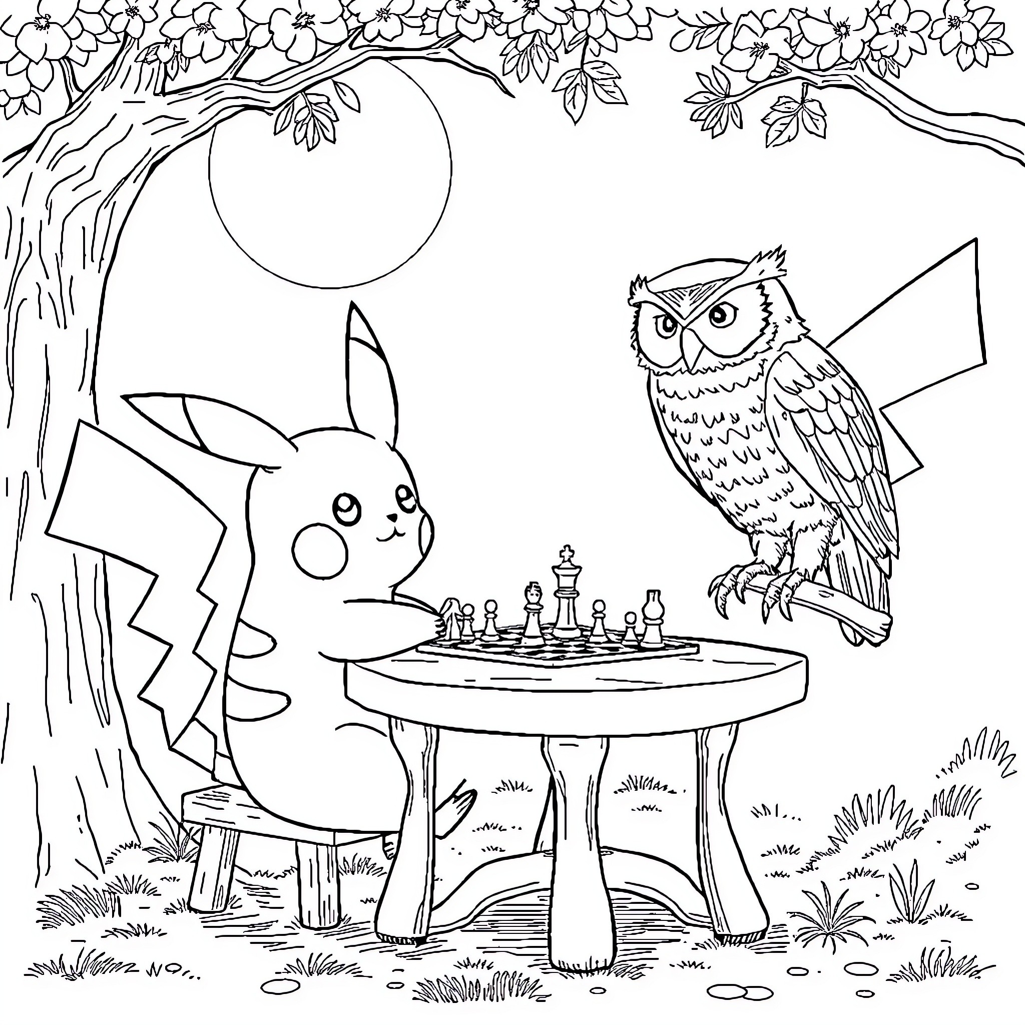 Pikachu Playing Chess with Owl in the Forest Coloring Page (free black-and-white line drawing printable PDF for all, from beginners to advanced learners, including children, teens, adults, and seniors)