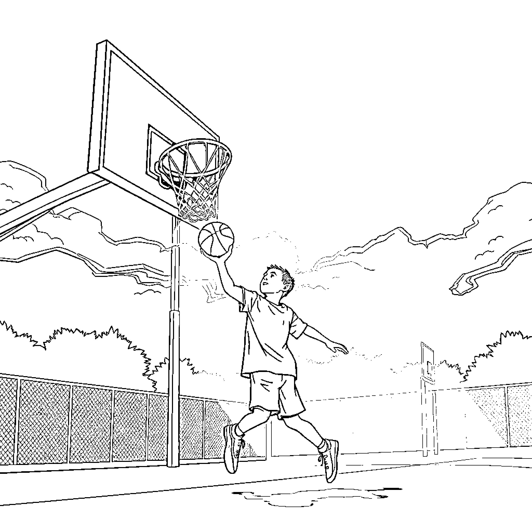 Boy playing basketball on outdoor court Coloring Page (free black-and-white line drawing printable PDF for all, from beginners to advanced learners, including children, teens, adults, and seniors)