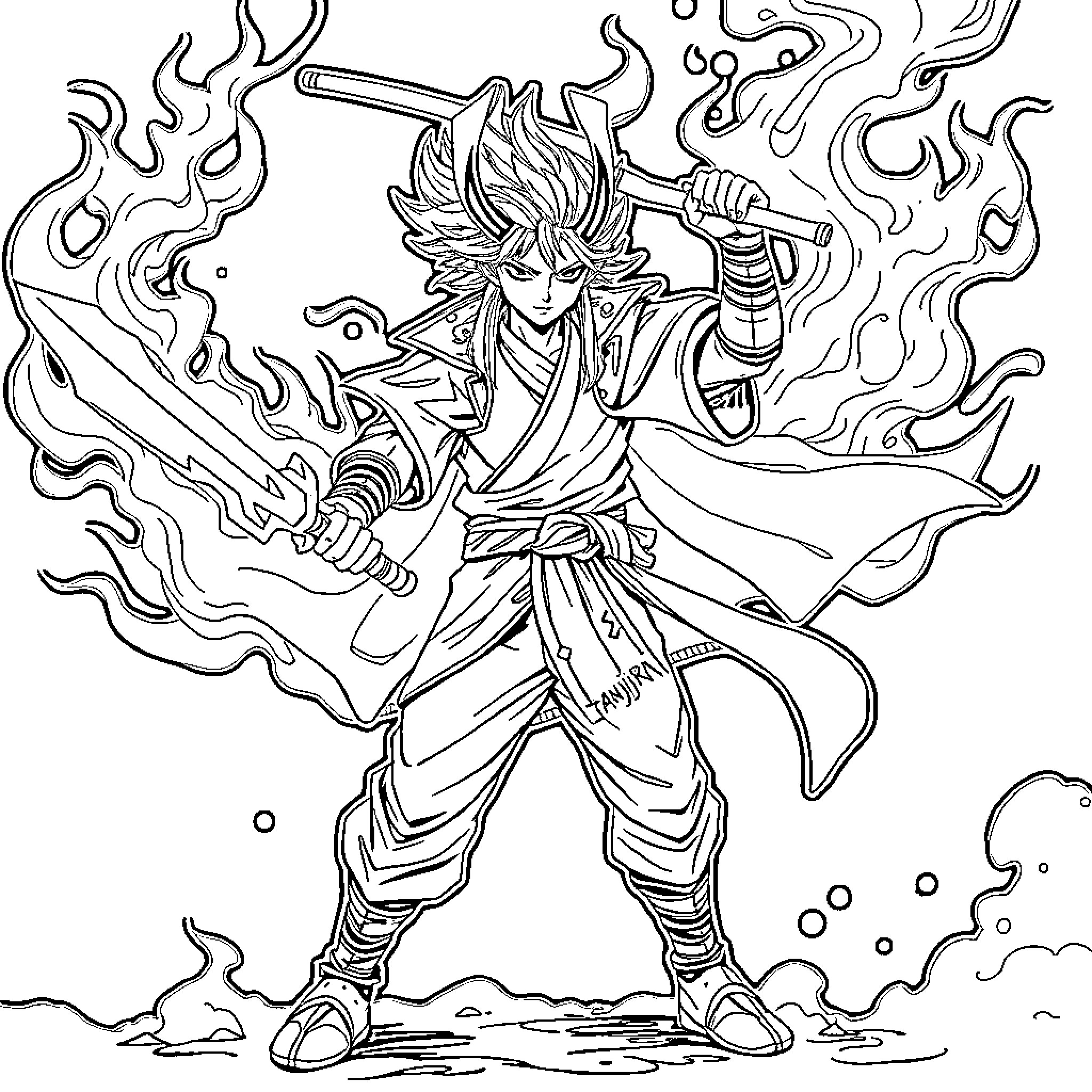Tanjiro's Fiery Resolve: Demon Slayer in Action Coloring Page (free black-and-white line drawing printable PDF for all, from beginners to advanced learners, including children, teens, adults, and seniors)
