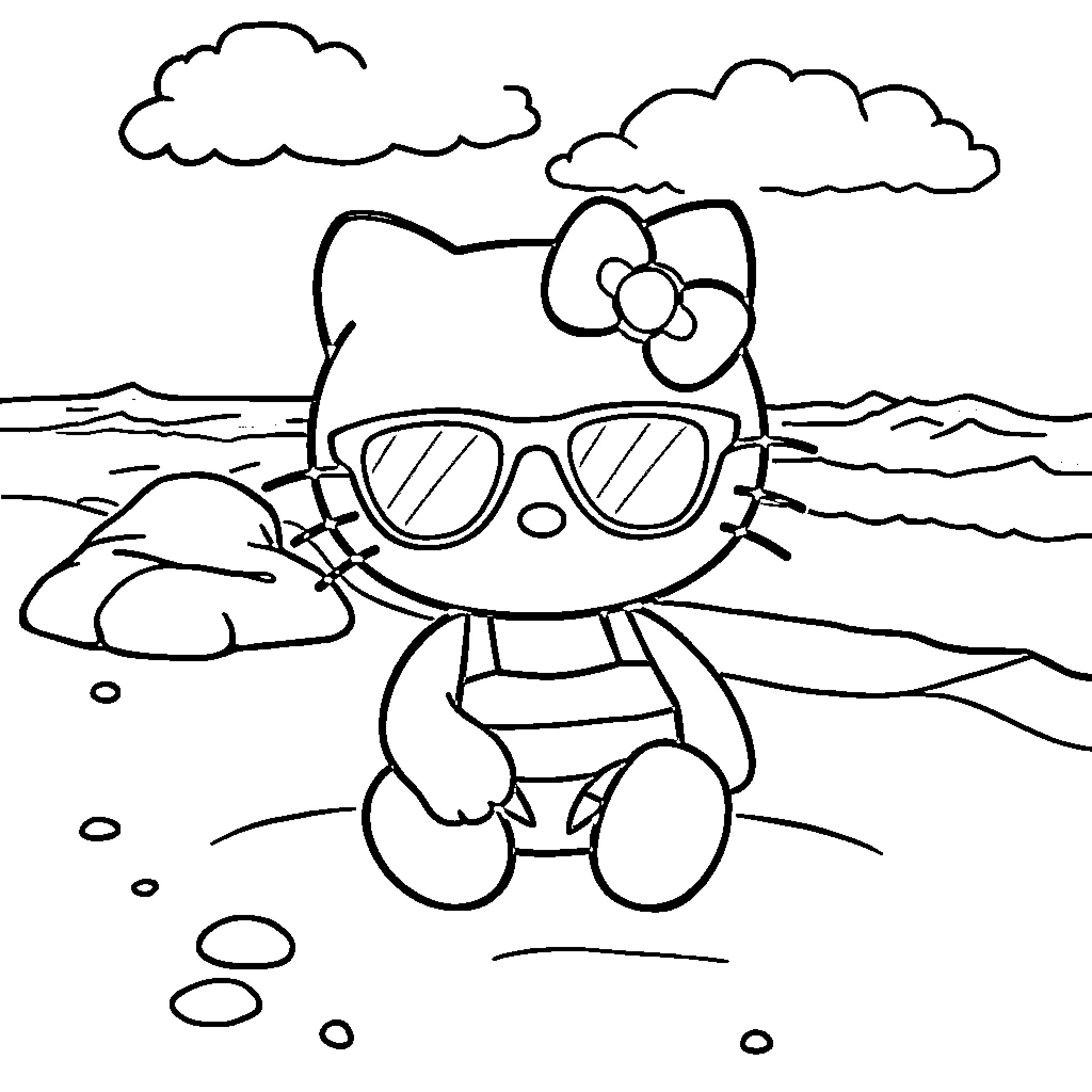 Hello Kitty enjoys a day at the beach Coloring Page (free black-and-white line drawing printable PDF for all, from beginners to advanced learners, including children, teens, adults, and seniors)
