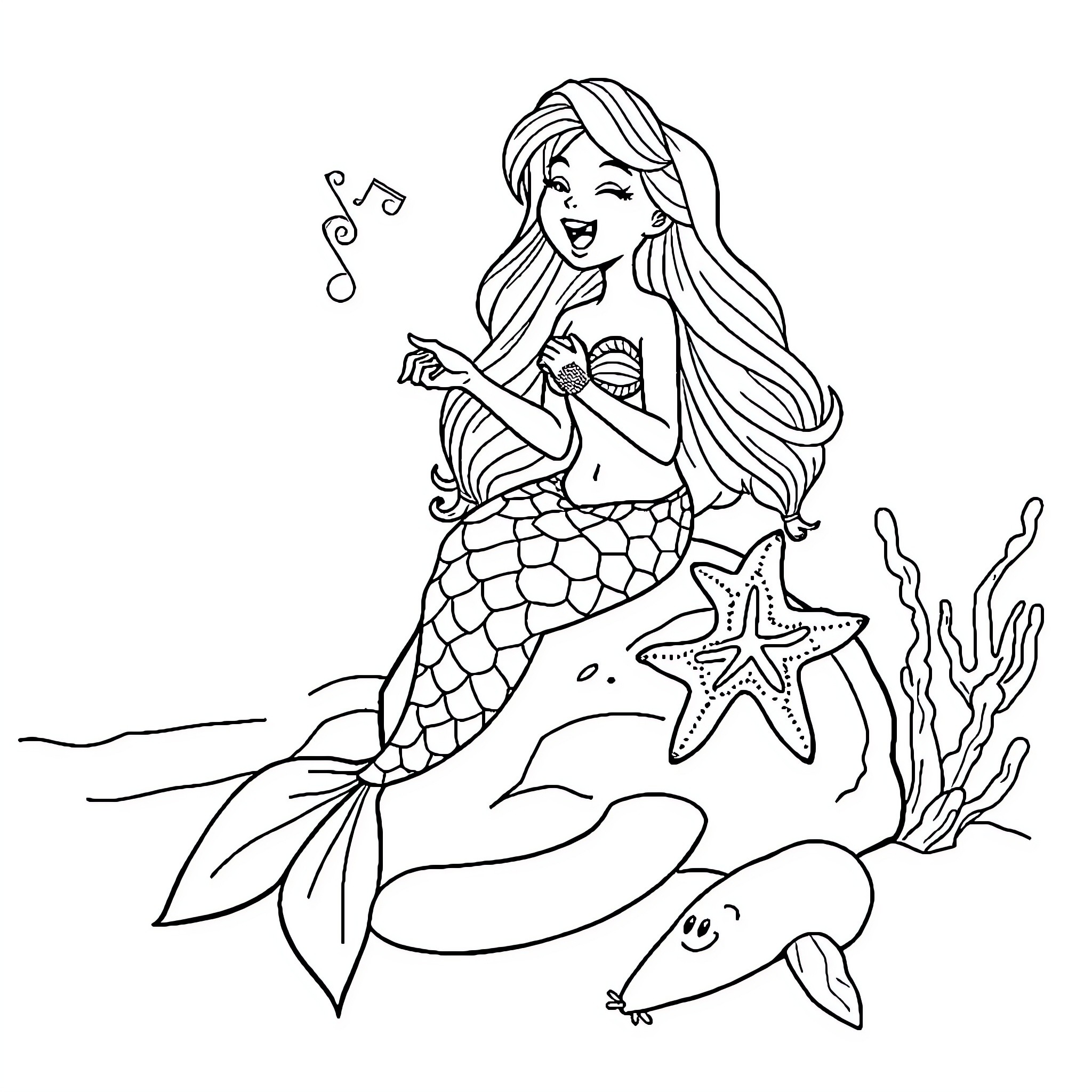 Mermaid dancing and singing with sea creatures Coloring Page (free black-and-white line drawing printable PDF for all, from beginners to advanced learners, including children, teens, adults, and seniors)