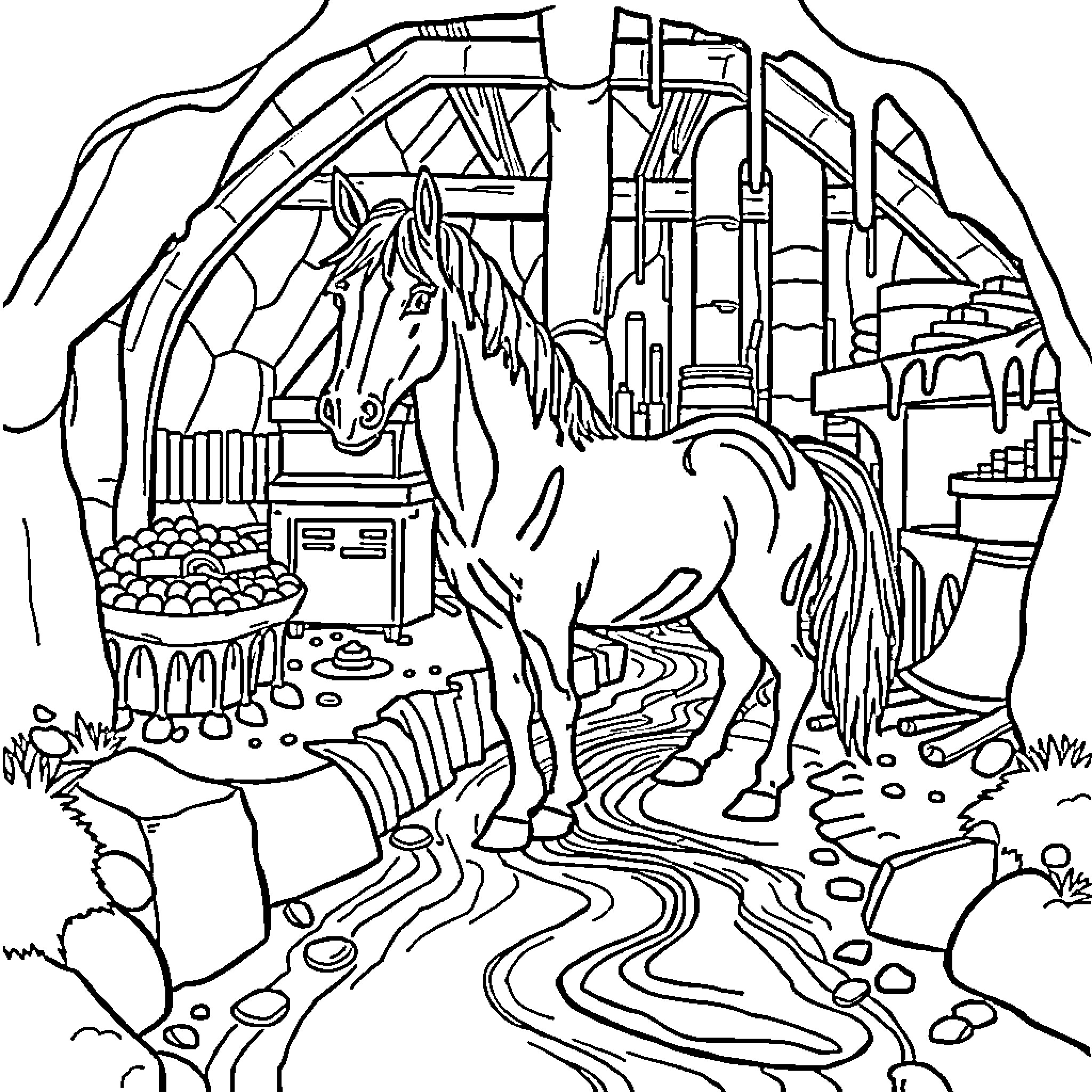 Horse exploring an artistic, surreal landscape Coloring Page (free black-and-white line drawing printable PDF for all, from beginners to advanced learners, including children, teens, adults, and seniors)