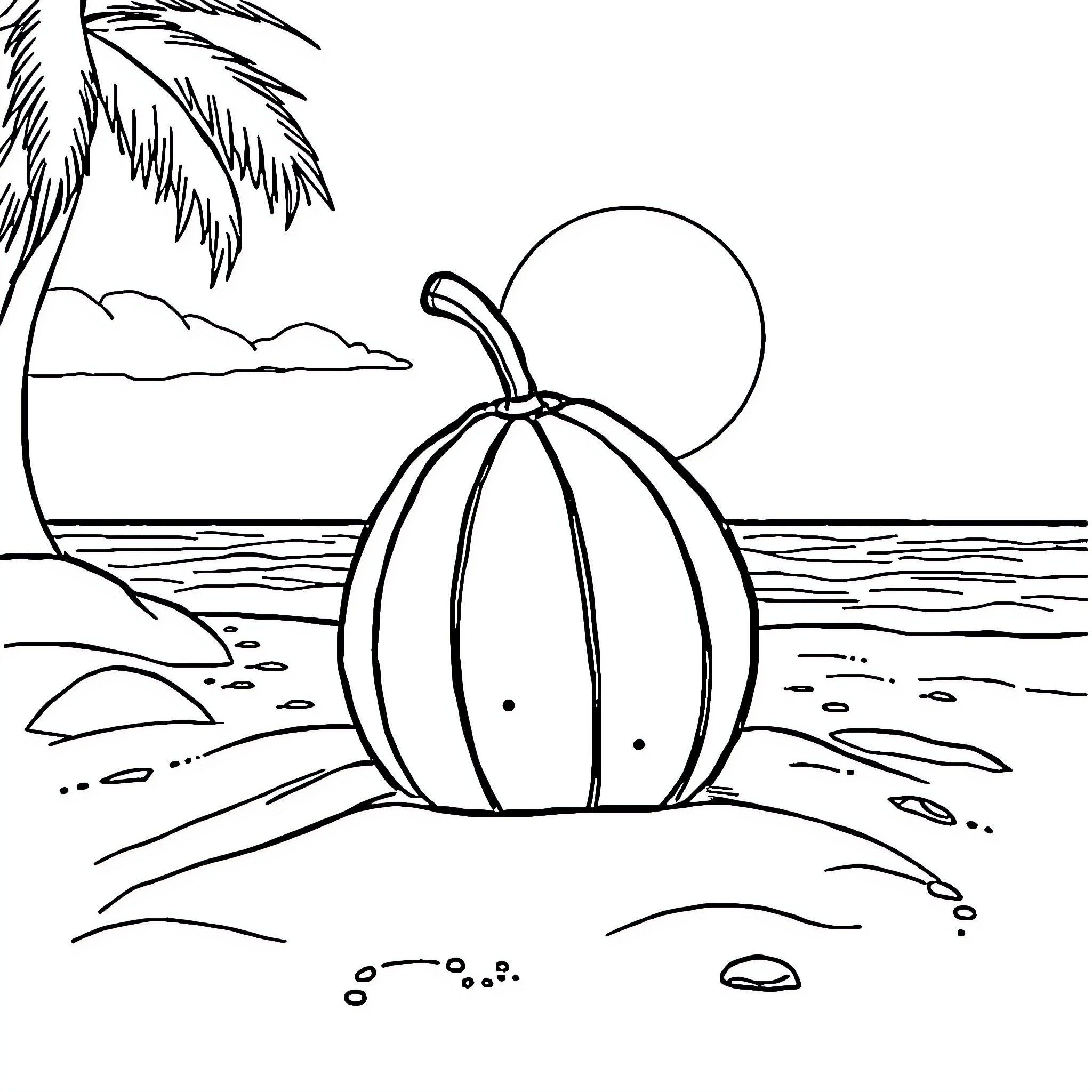 Blox Fruit pumpkin on tropical beach Coloring Page (free black-and-white line drawing printable PDF for all, from beginners to advanced learners, including children, teens, adults, and seniors)