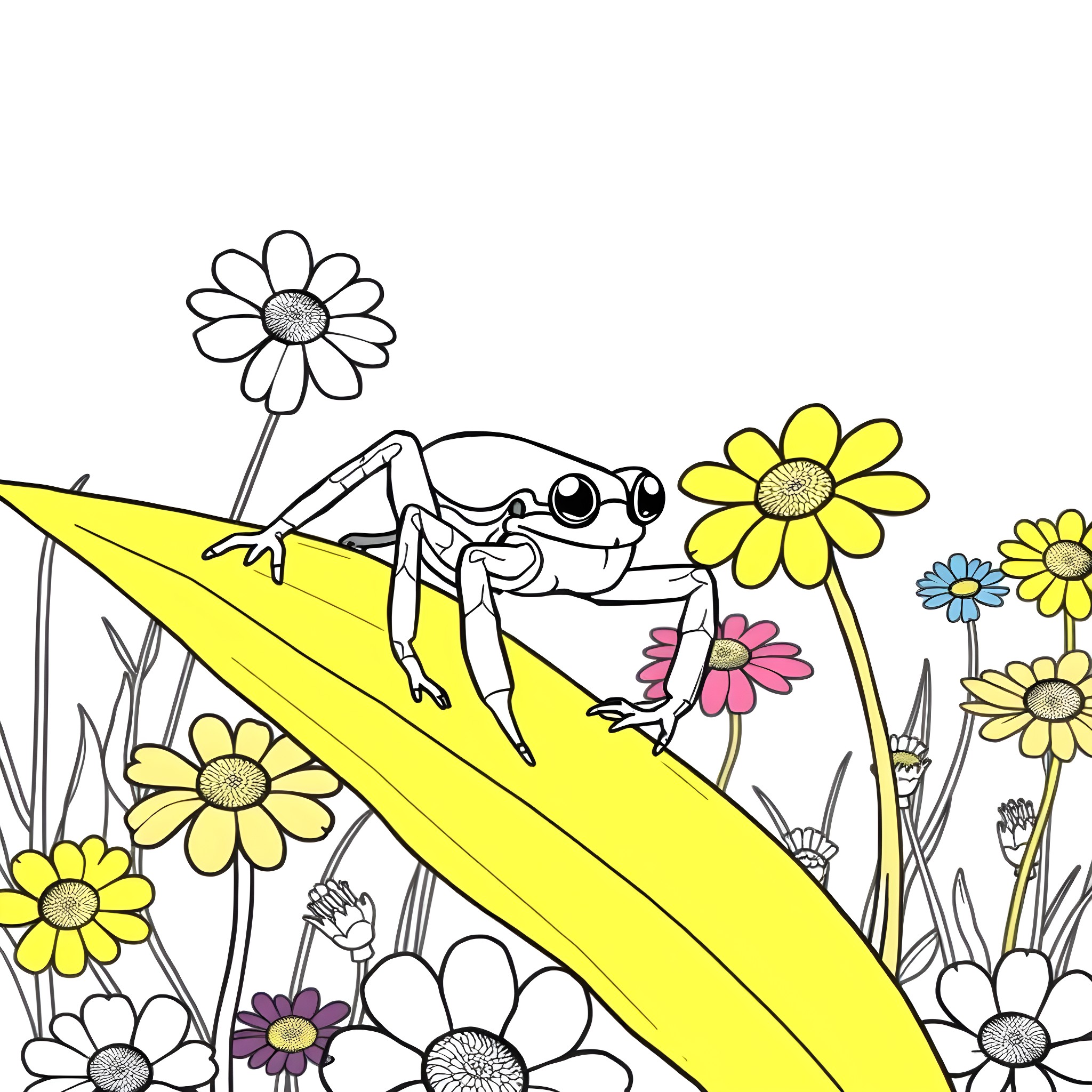 Spider exploring a colorful floral scene Coloring Page (free black-and-white line drawing printable PDF for all, from beginners to advanced learners, including children, teens, adults, and seniors)