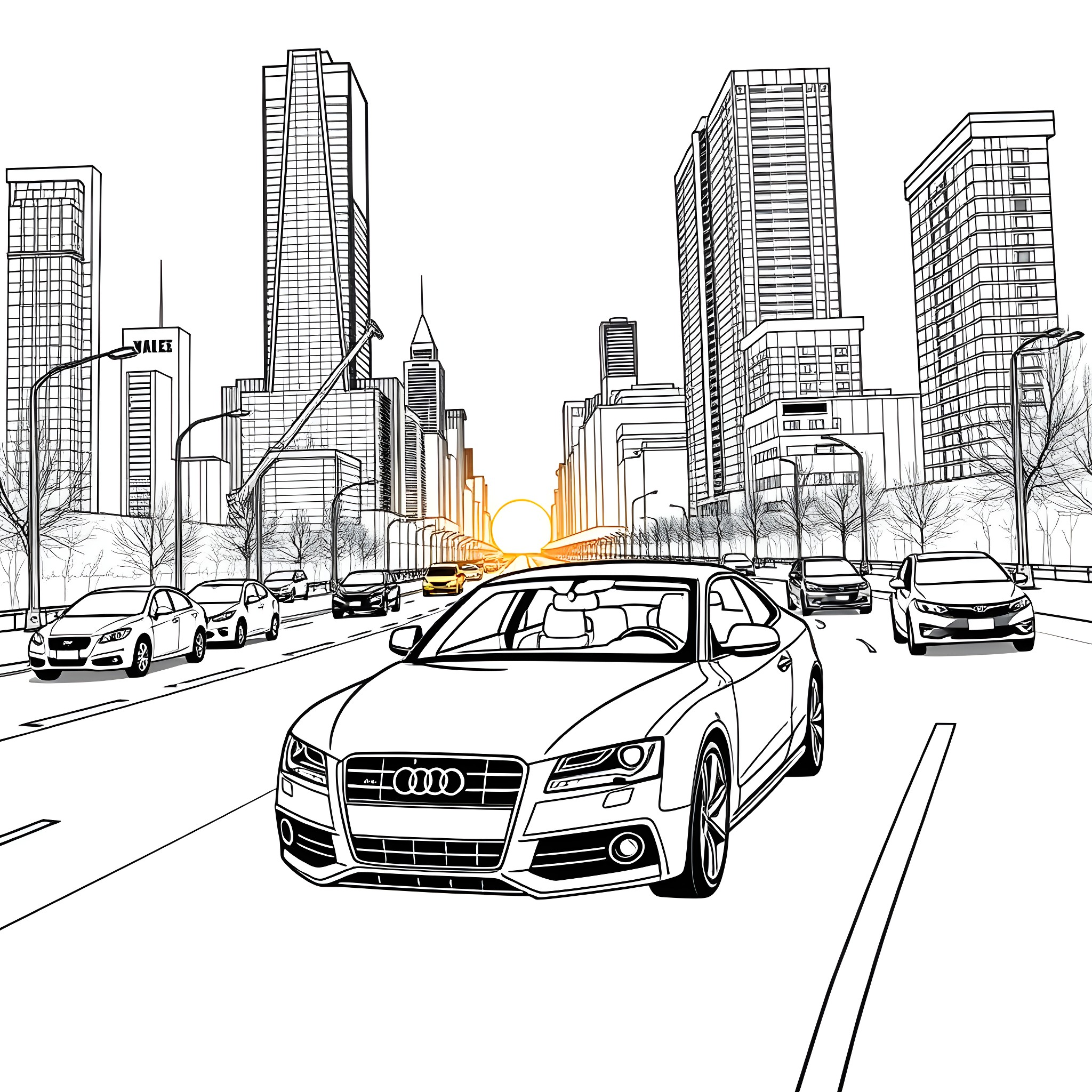 Audi vehicles in a bustling city Coloring Page (free black-and-white line drawing printable PDF for all, from beginners to advanced learners, including children, teens, adults, and seniors)