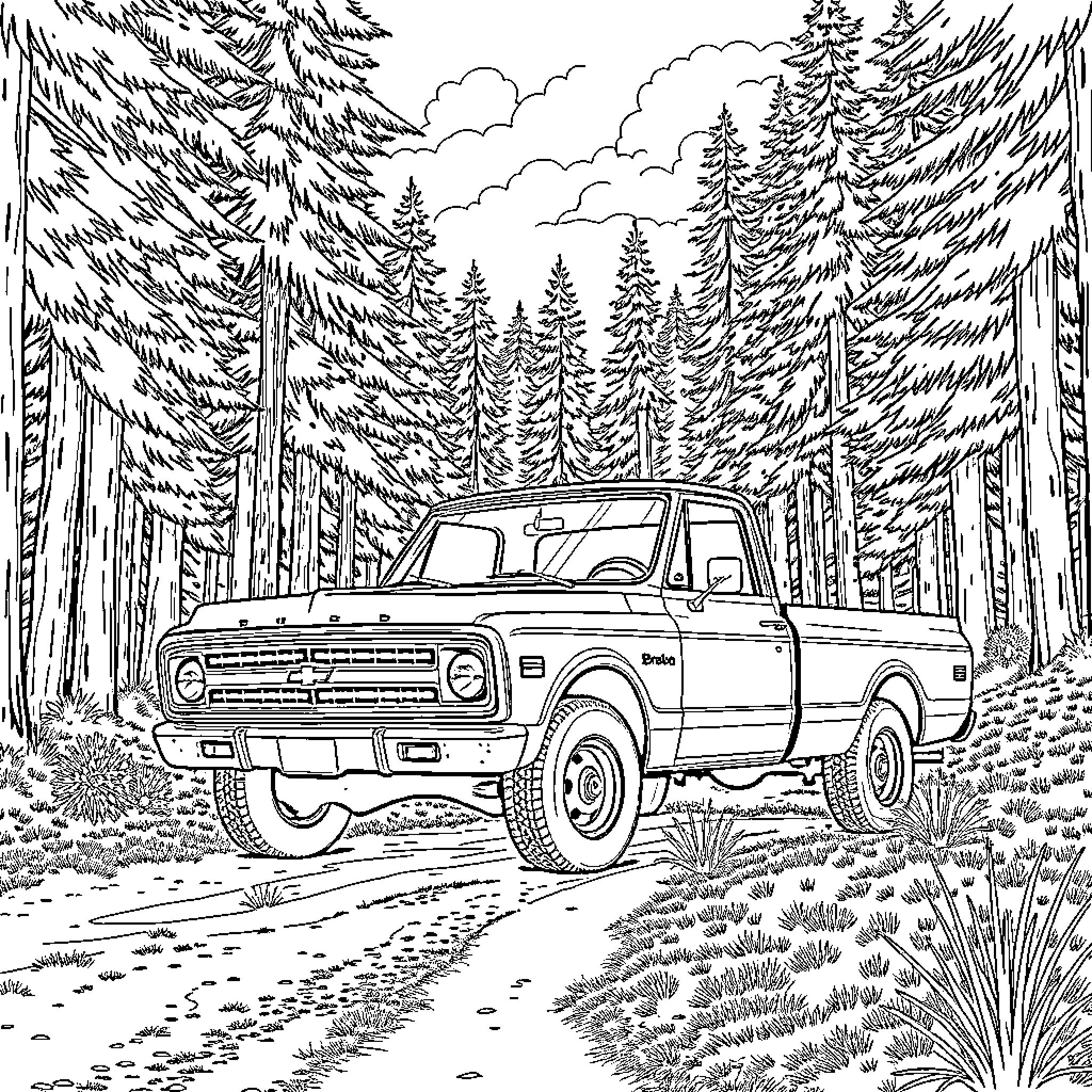 Chevrolet C10 truck traversing forested path Coloring Page (free black-and-white line drawing printable PDF for all, from beginners to advanced learners, including children, teens, adults, and seniors)