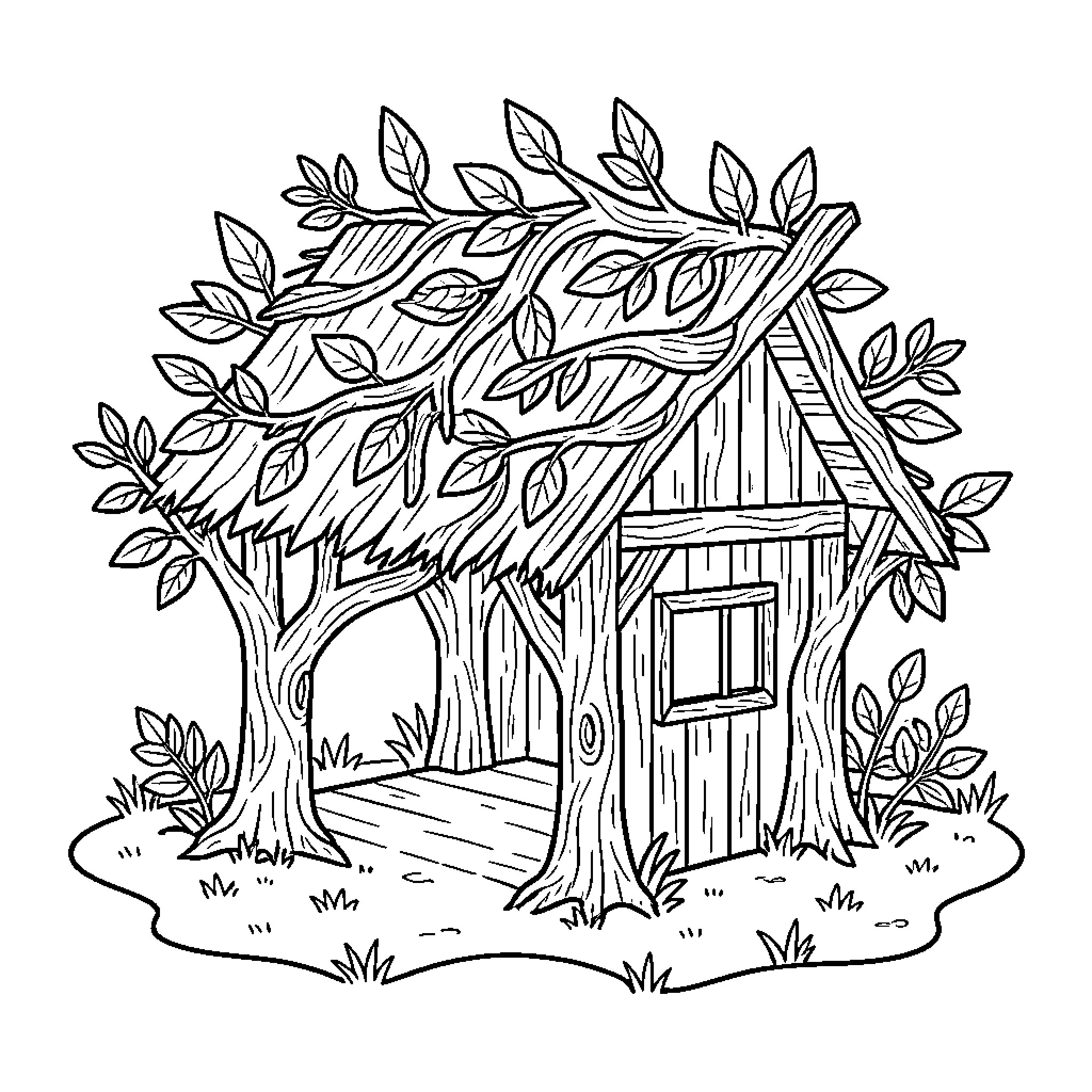 Caca whimsical treehouse nestled among leafy branches Coloring Page (free black-and-white line drawing printable PDF for all, from beginners to advanced learners, including children, teens, adults, and seniors)
