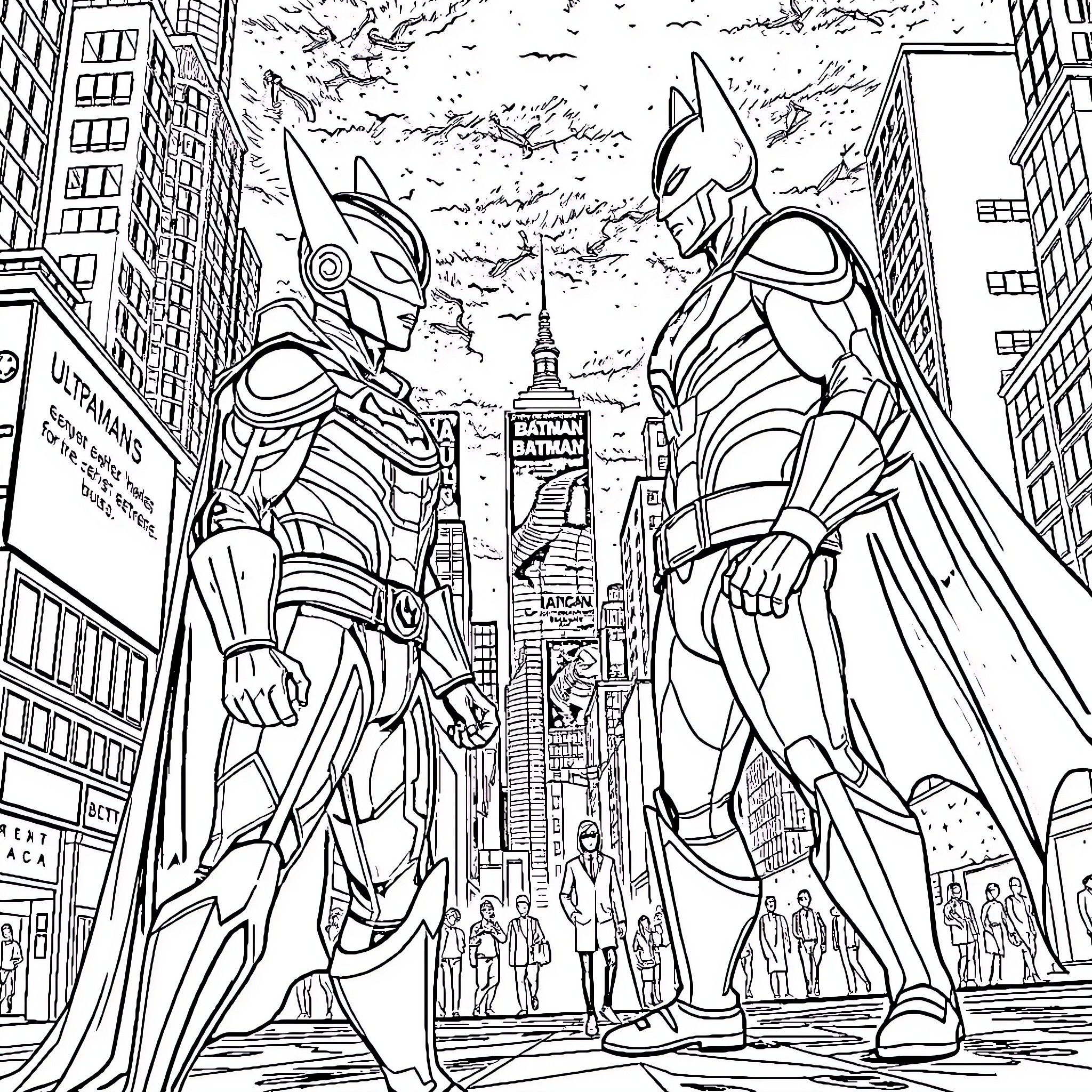 Ultraman Heroes Clash in the City Coloring Page (free black-and-white line drawing printable PDF for all, from beginners to advanced learners, including children, teens, adults, and seniors)