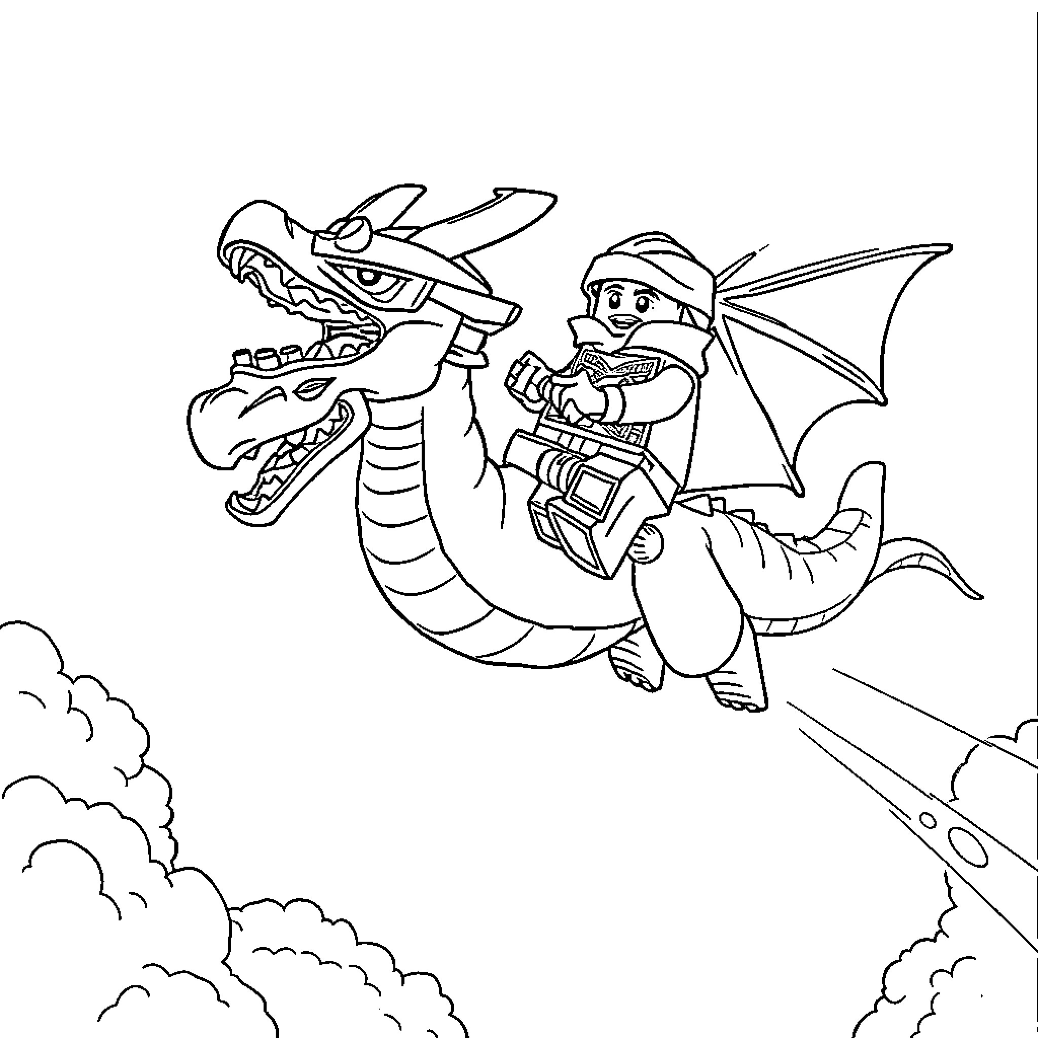Dragon flying through the clouds with a brave rider Coloring Page (free black-and-white line drawing printable PDF for all, from beginners to advanced learners, including children, teens, adults, and seniors)