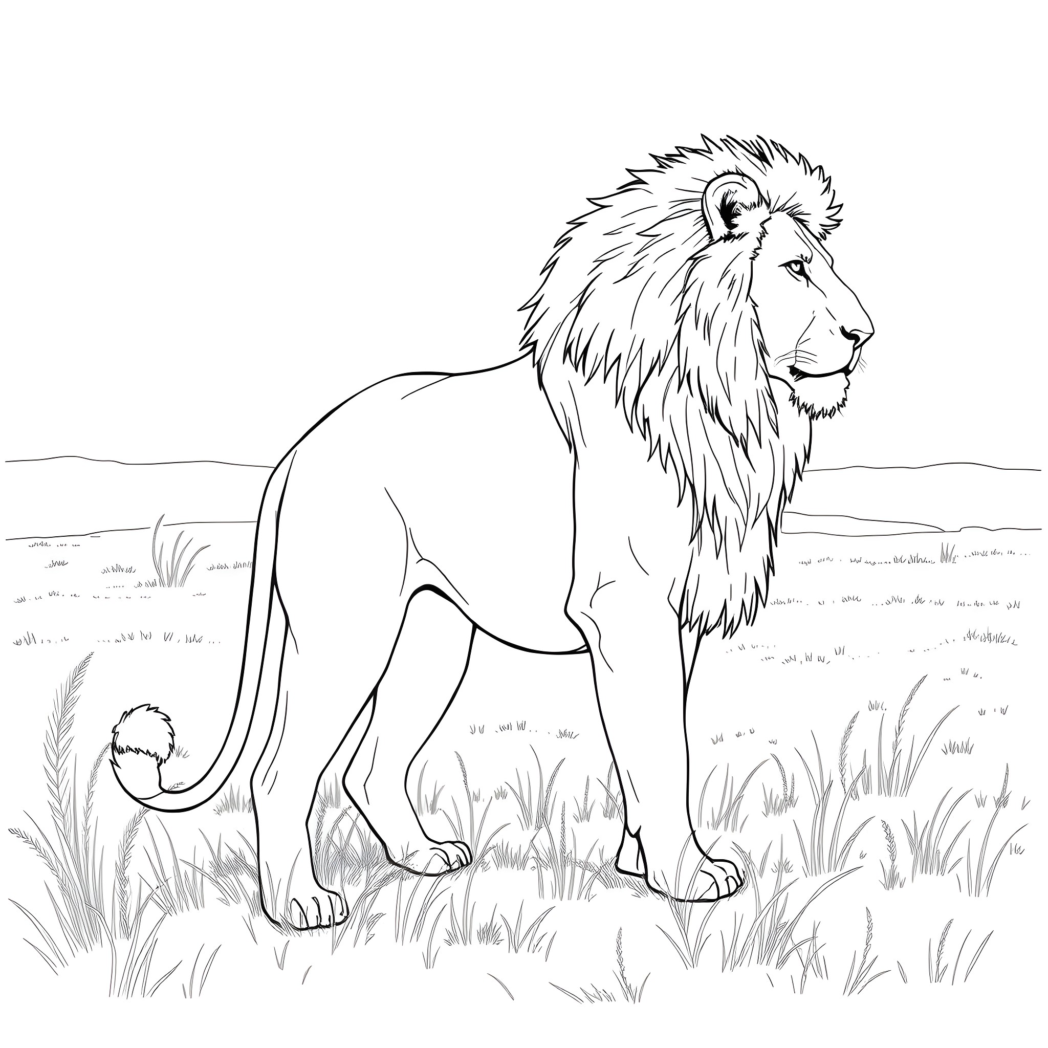 Lion standing proud in the wild Coloring Page (free black-and-white line drawing printable PDF for all, from beginners to advanced learners, including children, teens, adults, and seniors)