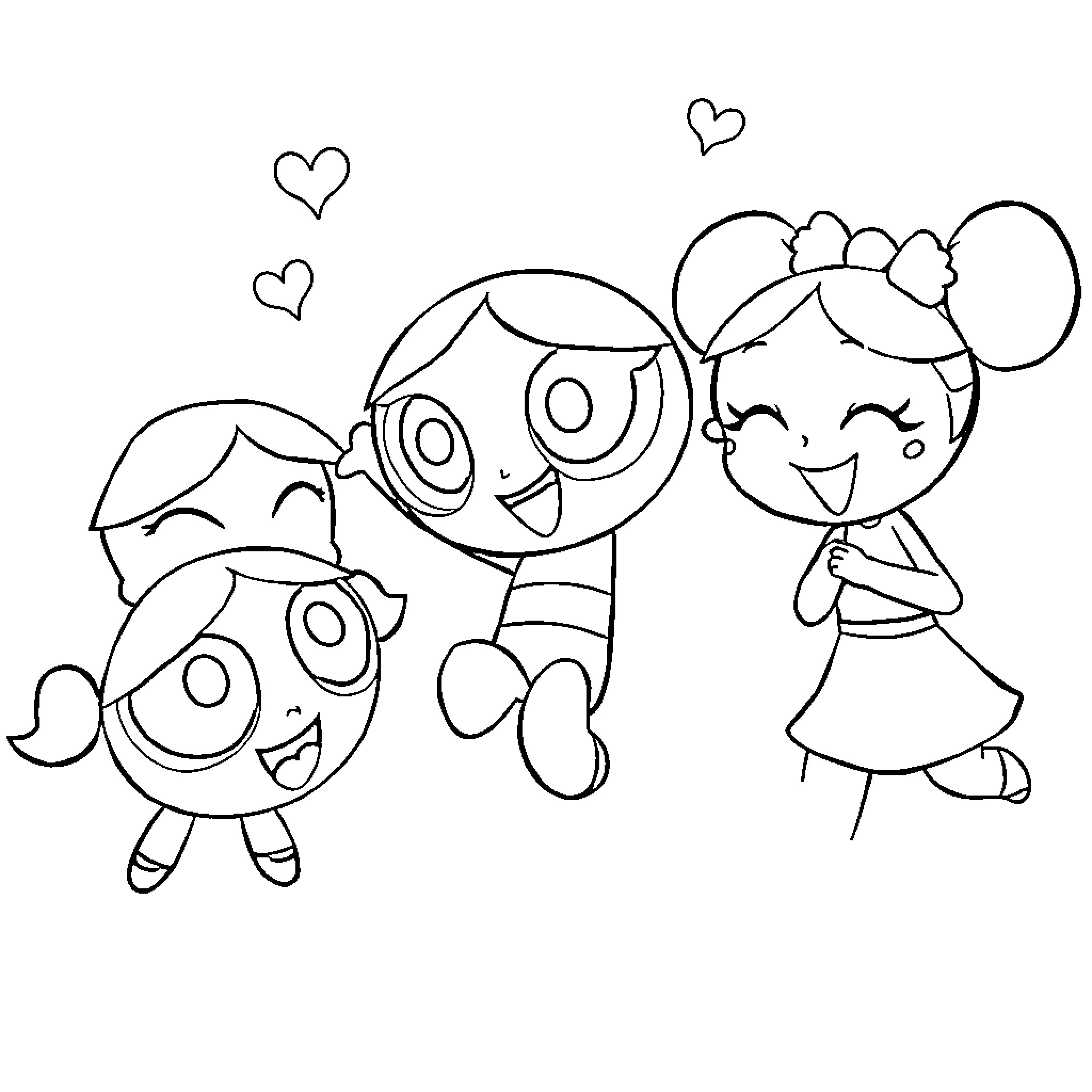 Powerpuff Girls having a joyful play date Coloring Page (free black-and-white line drawing printable PDF for all, from beginners to advanced learners, including children, teens, adults, and seniors)