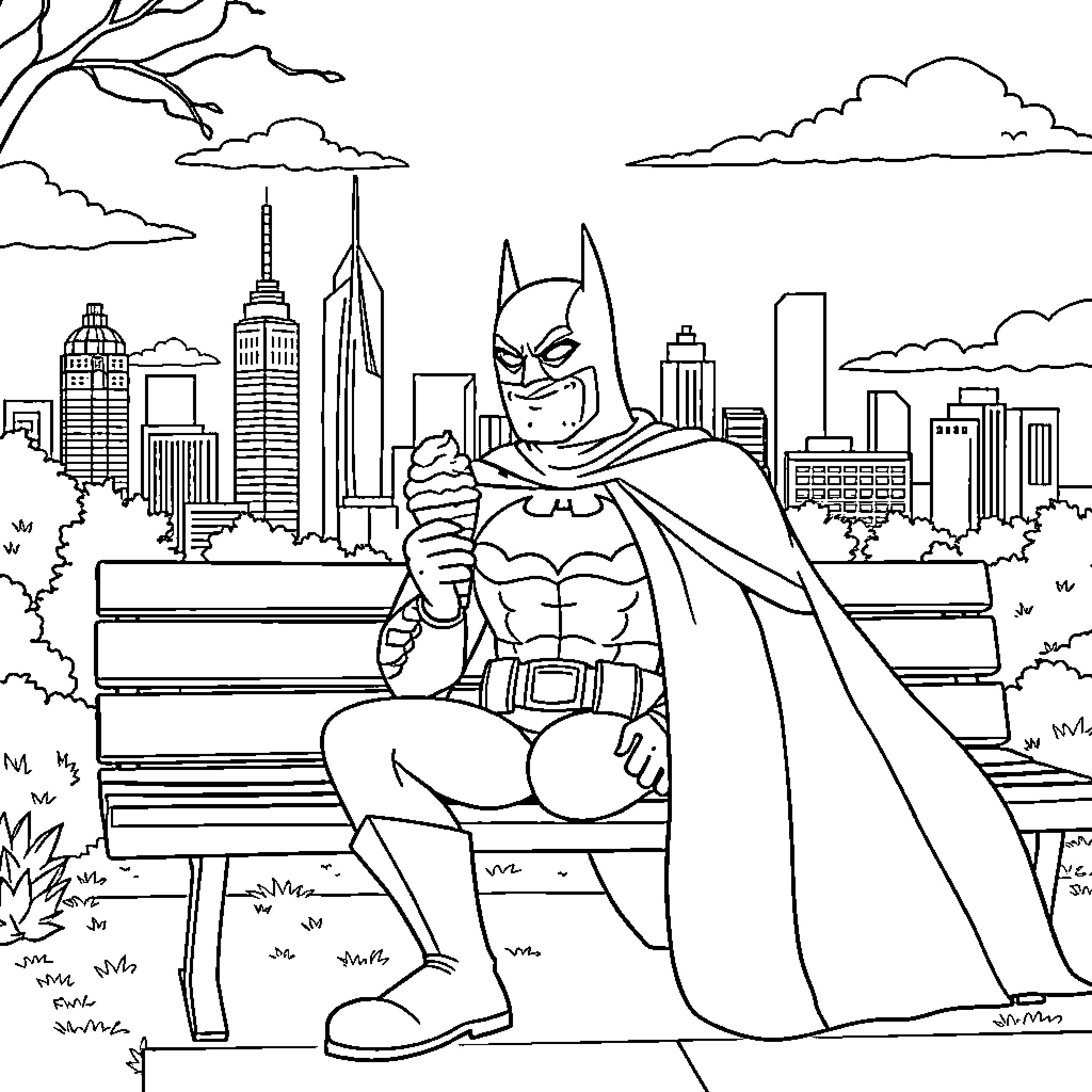 Batman surveying the city from a park bench Coloring Page (free black-and-white line drawing printable PDF for all, from beginners to advanced learners, including children, teens, adults, and seniors)