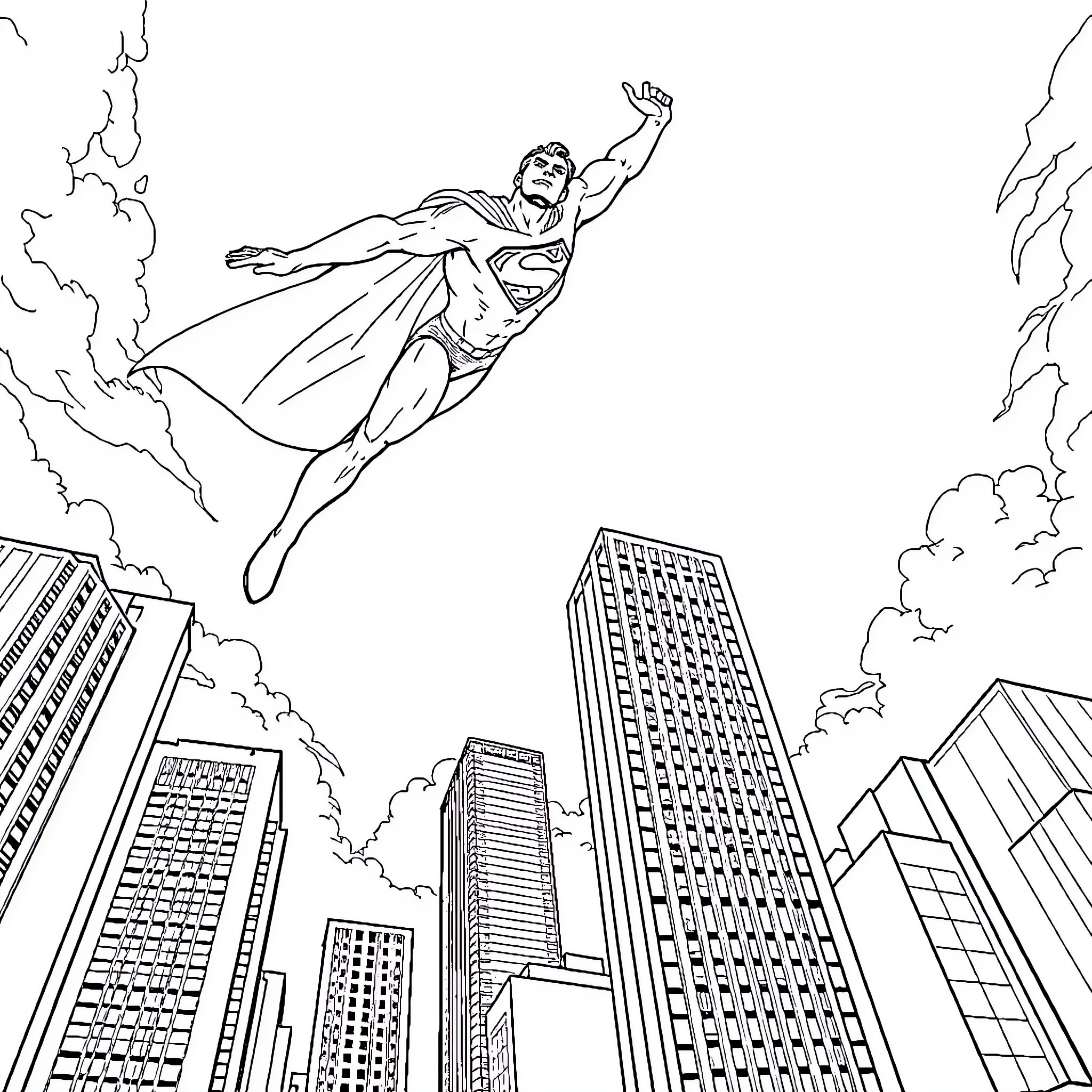 Superman soaring over a city skyline Coloring Page (free black-and-white line drawing printable PDF for all, from beginners to advanced learners, including children, teens, adults, and seniors)