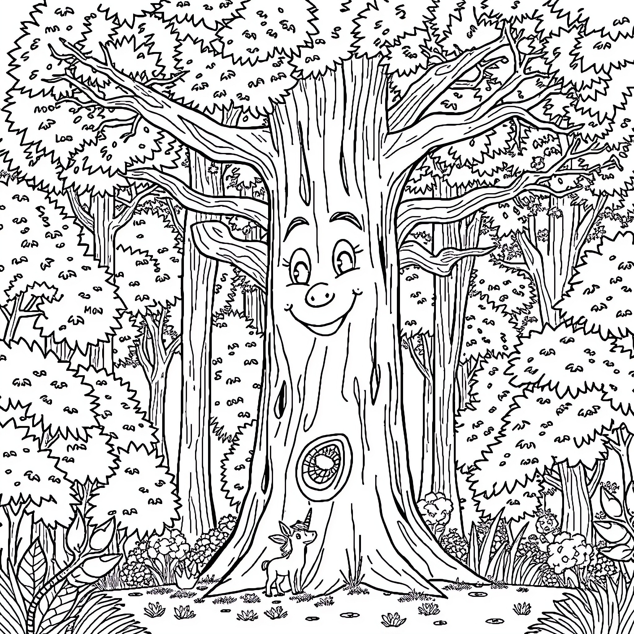 Tree with a Friendly Face in the Forest Coloring Page (free black-and-white line drawing printable PDF for all, from beginners to advanced learners, including children, teens, adults, and seniors)