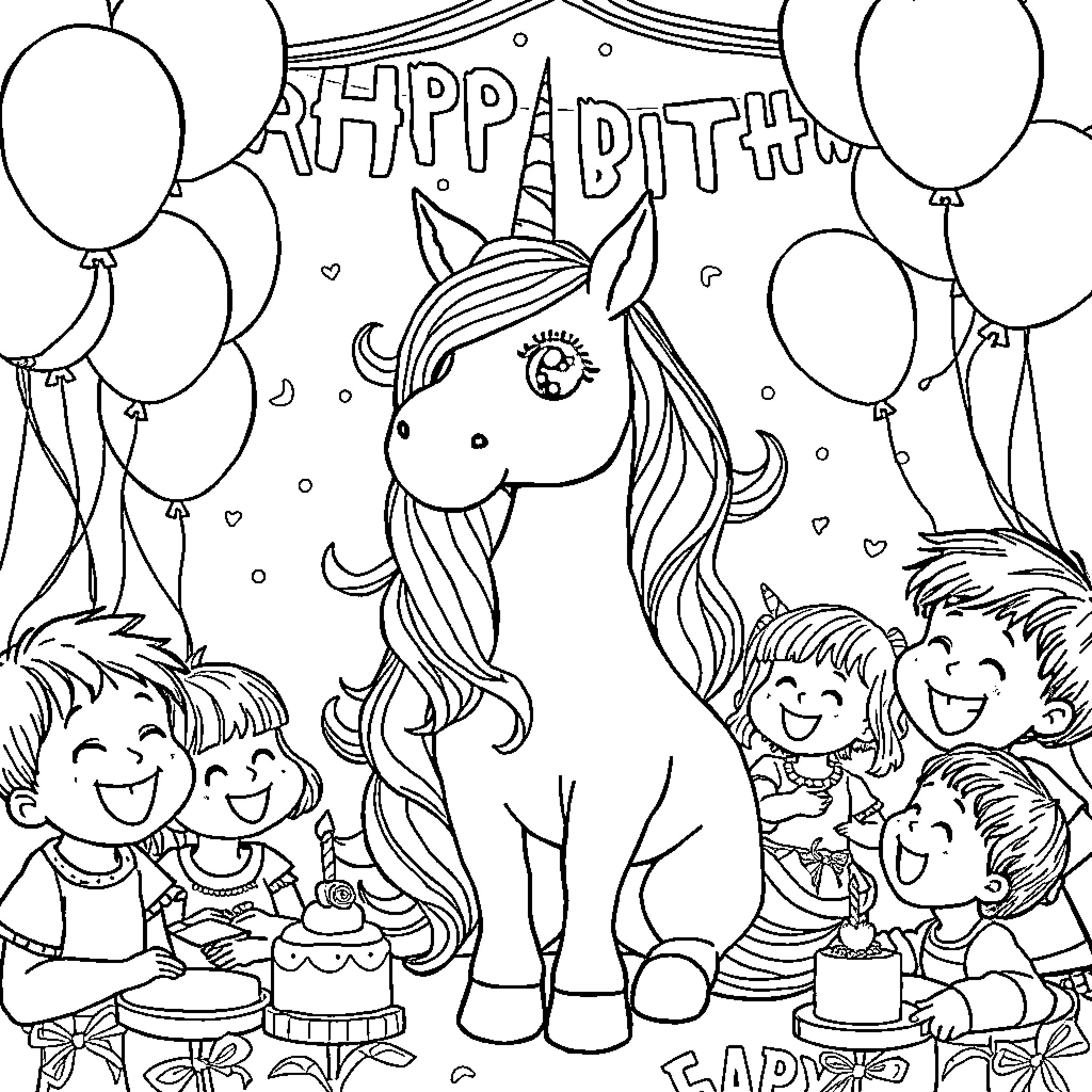 Unicorn celebrating happy birthday with children Coloring Page (free black-and-white line drawing printable PDF for all, from beginners to advanced learners, including children, teens, adults, and seniors)
