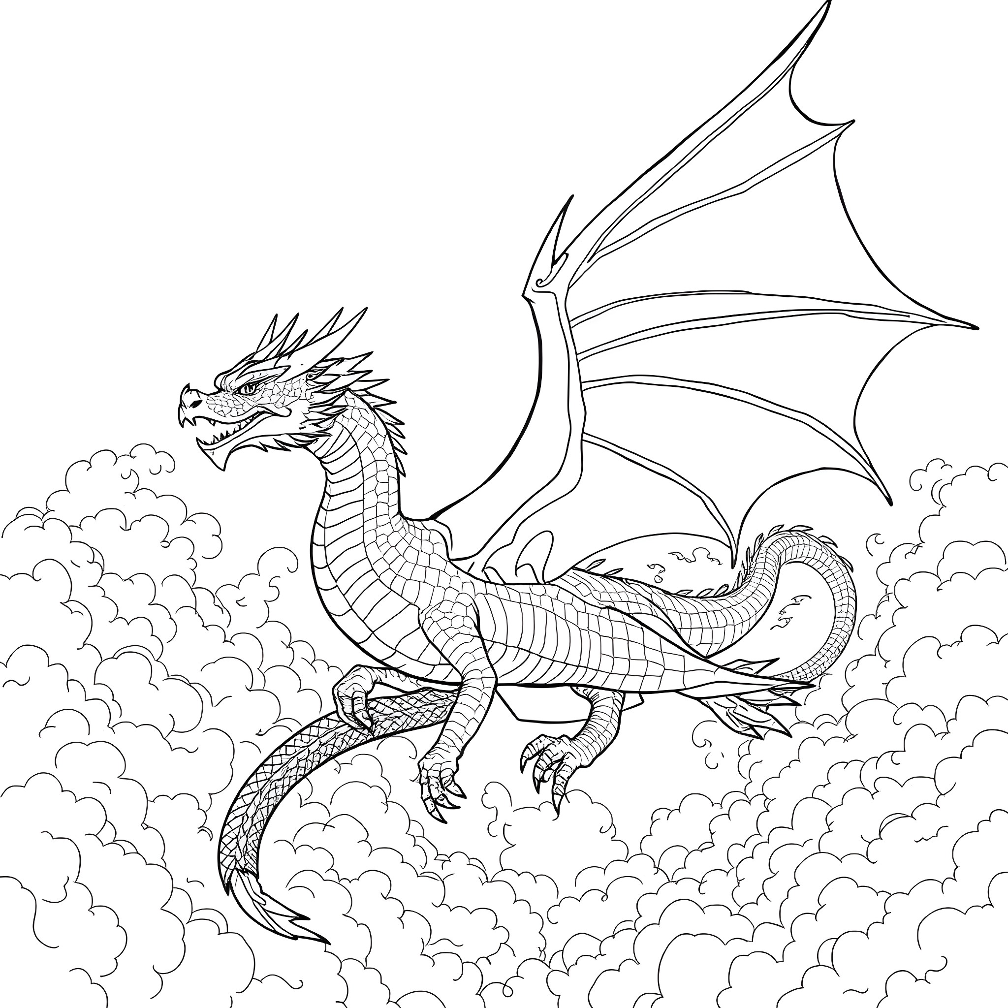 Dragon soaring majestically through the clouds Coloring Page (free black-and-white line drawing printable PDF for all, from beginners to advanced learners, including children, teens, adults, and seniors)