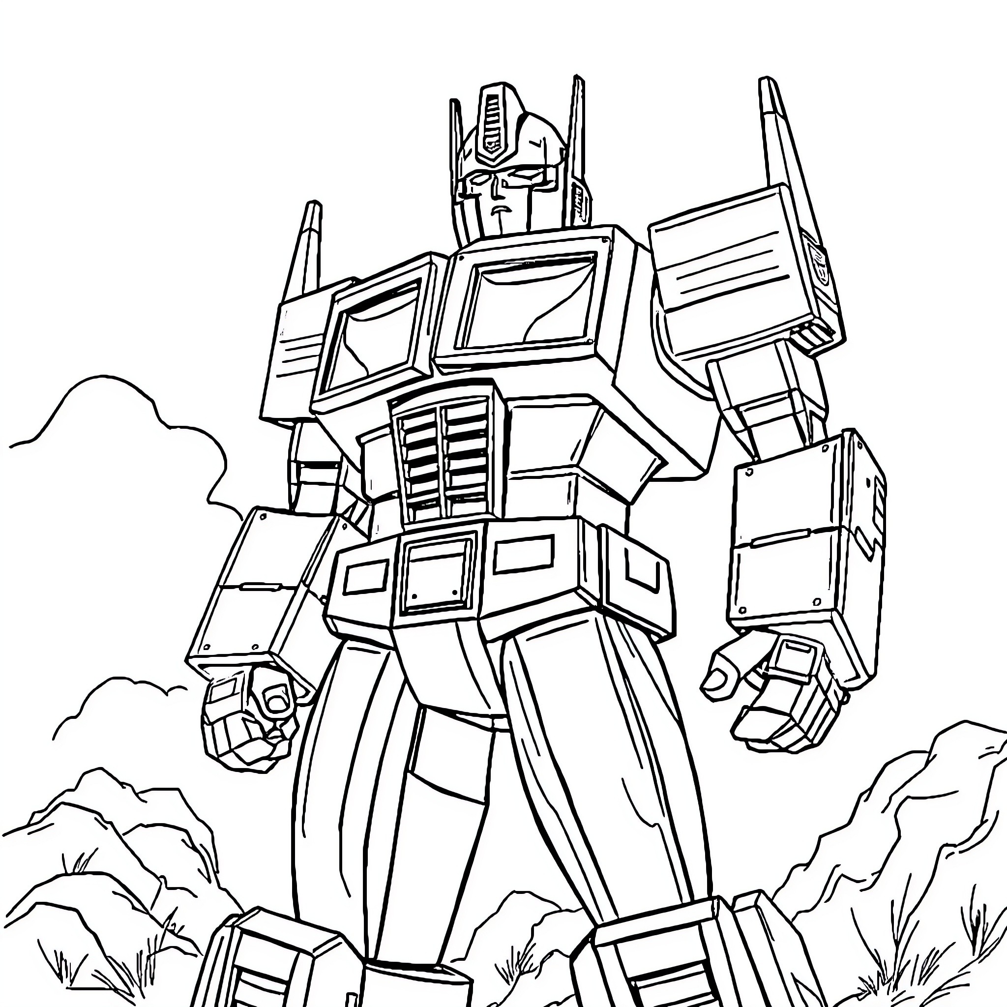 Optimus Prime standing tall in a heroic pose Coloring Page (free black-and-white line drawing printable PDF for all, from beginners to advanced learners, including children, teens, adults, and seniors)