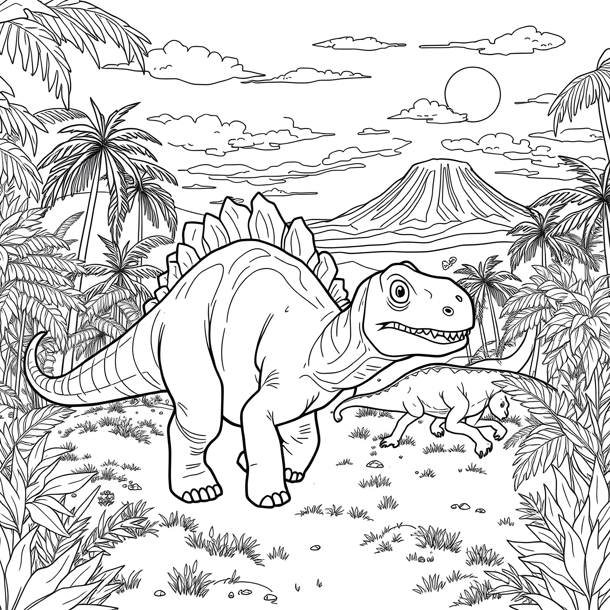 Dinosaur roaming in prehistoric landscape Coloring Page (free black-and-white line drawing printable PDF for all, from beginners to advanced learners, including children, teens, adults, and seniors)