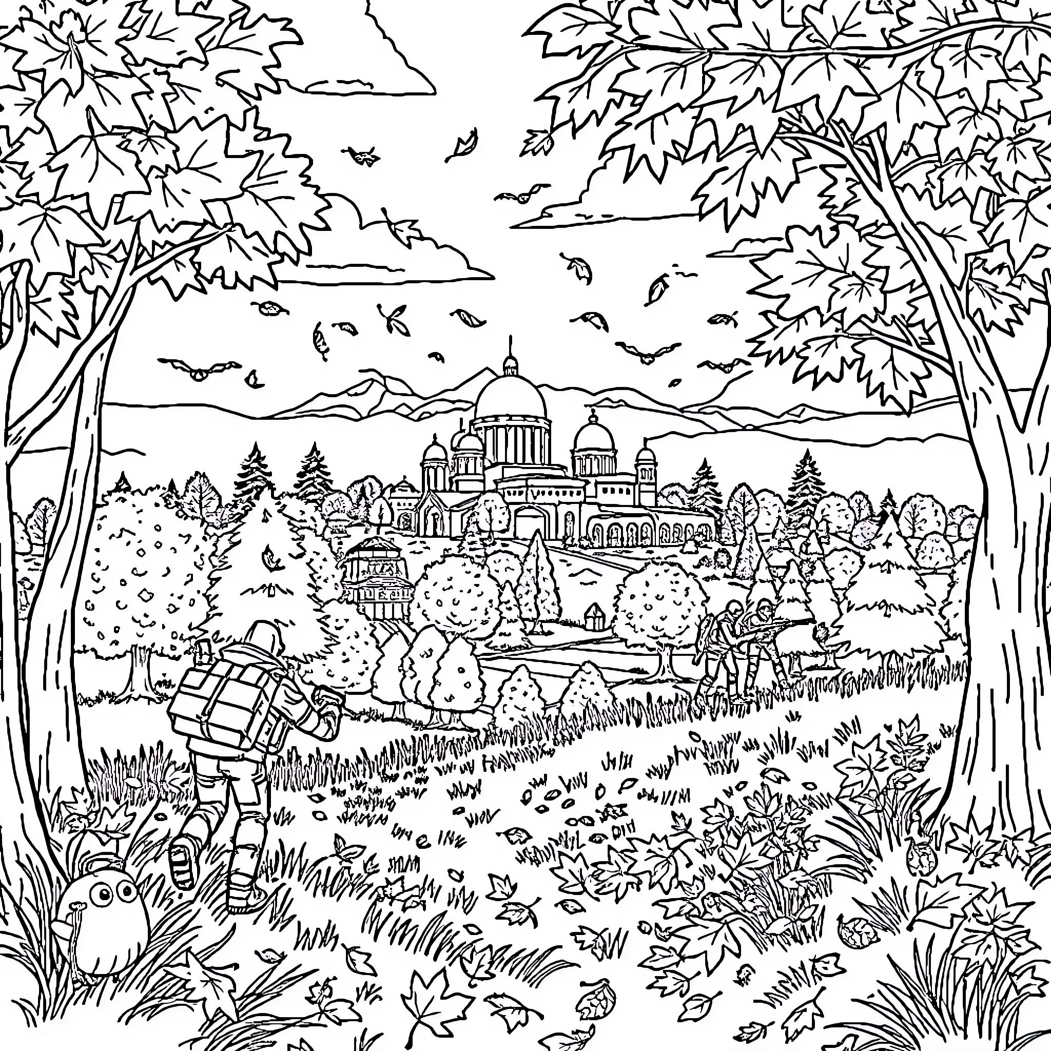 Fortnite characters exploring the autumn landscape Coloring Page (free black-and-white line drawing printable PDF for all, from beginners to advanced learners, including children, teens, adults, and seniors)