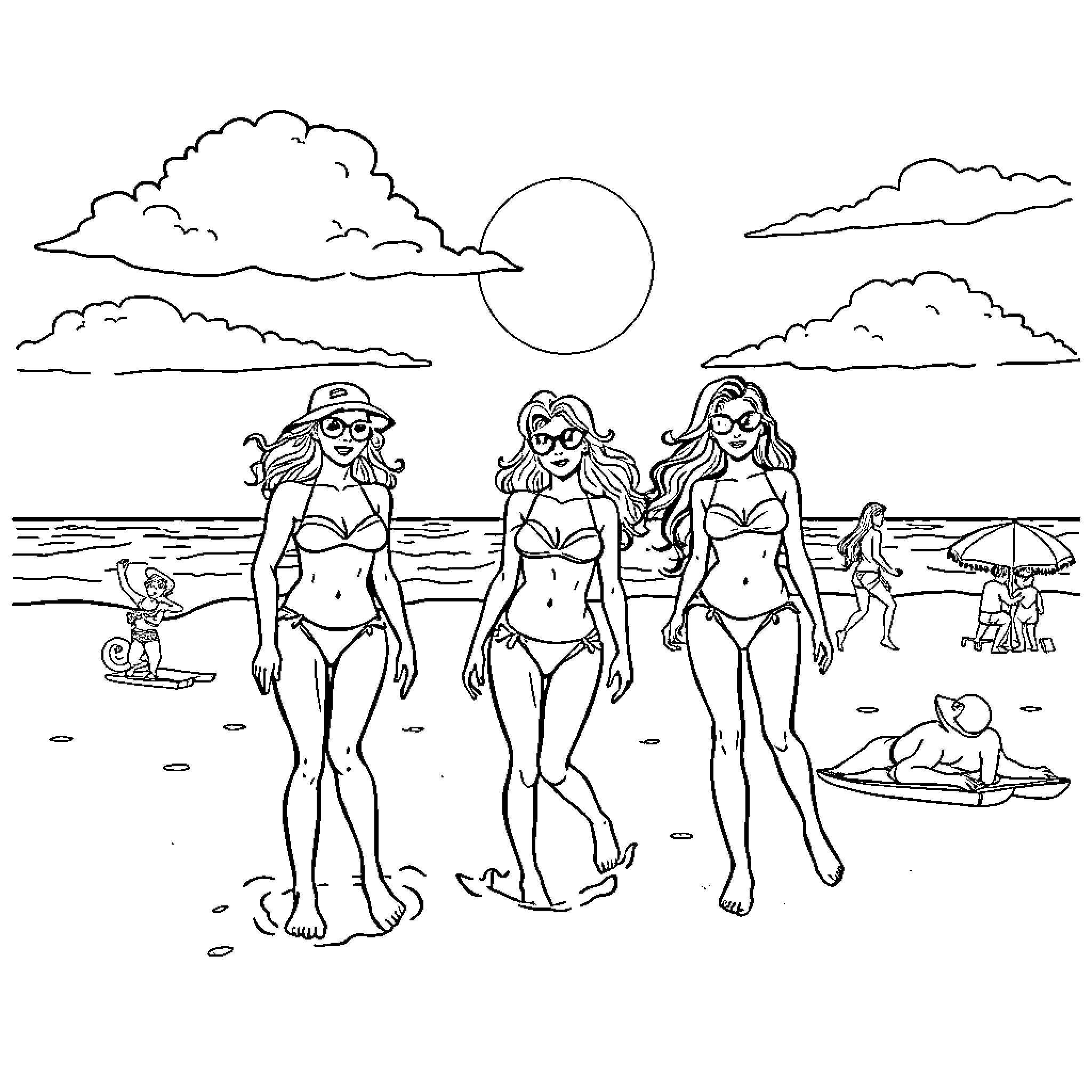 Girls enjoying a day at the beach Coloring Page (free black-and-white line drawing printable PDF for all, from beginners to advanced learners, including children, teens, adults, and seniors)