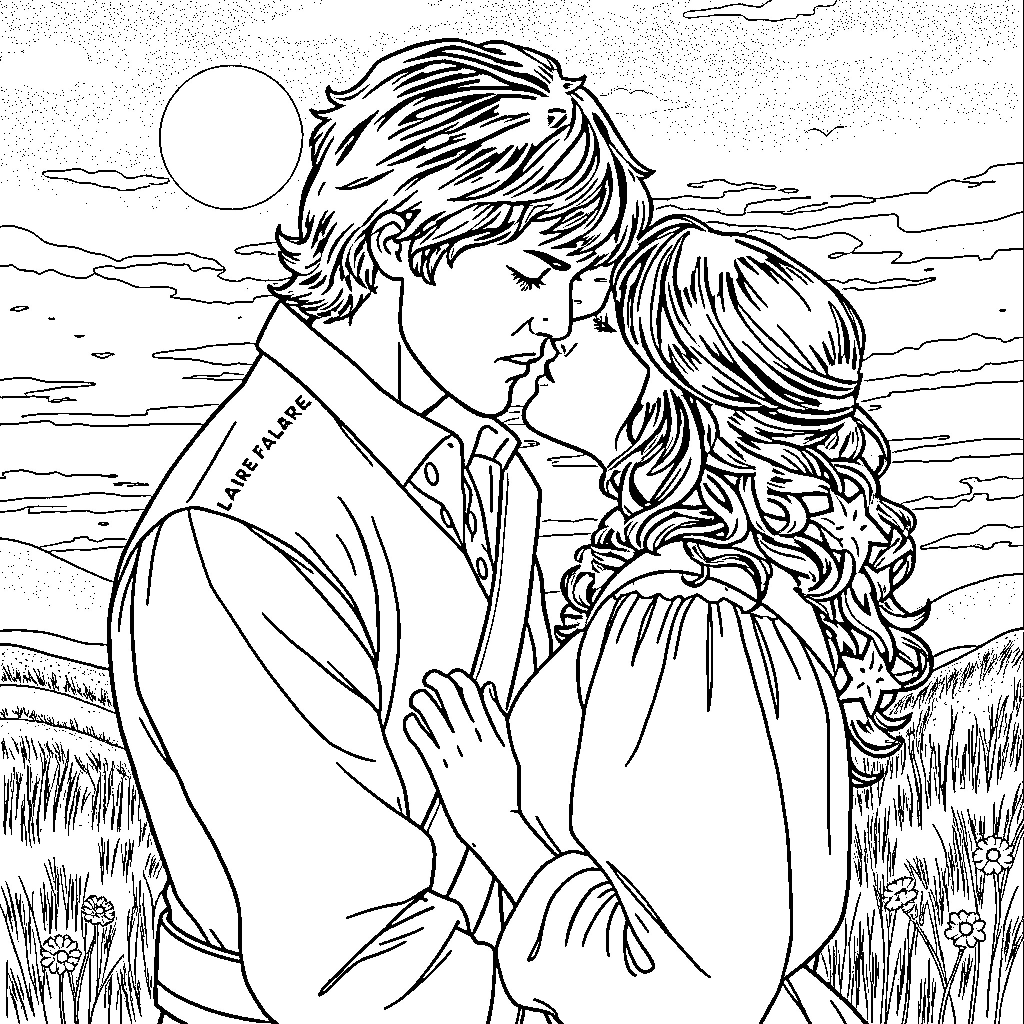 Jamie Fraser embracing his love in the countryside Coloring Page (free black-and-white line drawing printable PDF for all, from beginners to advanced learners, including children, teens, adults, and seniors)