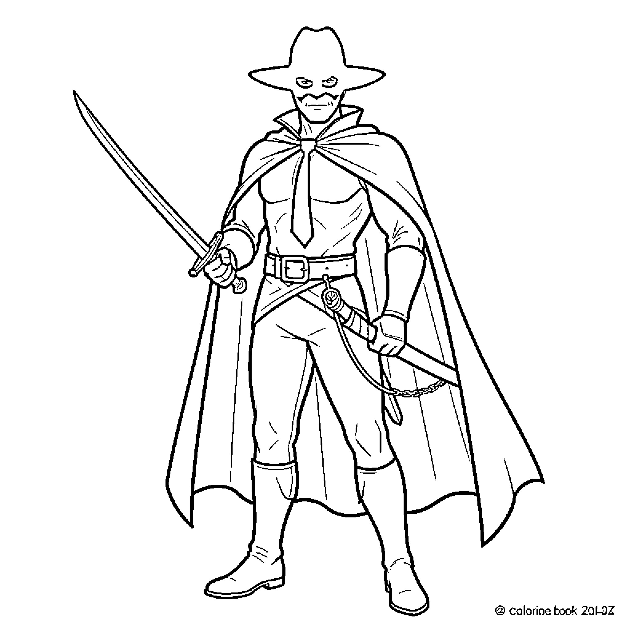 Zorro the Heroic Masked Vigilante Coloring Page (free black-and-white line drawing printable PDF for all, from beginners to advanced learners, including children, teens, adults, and seniors)